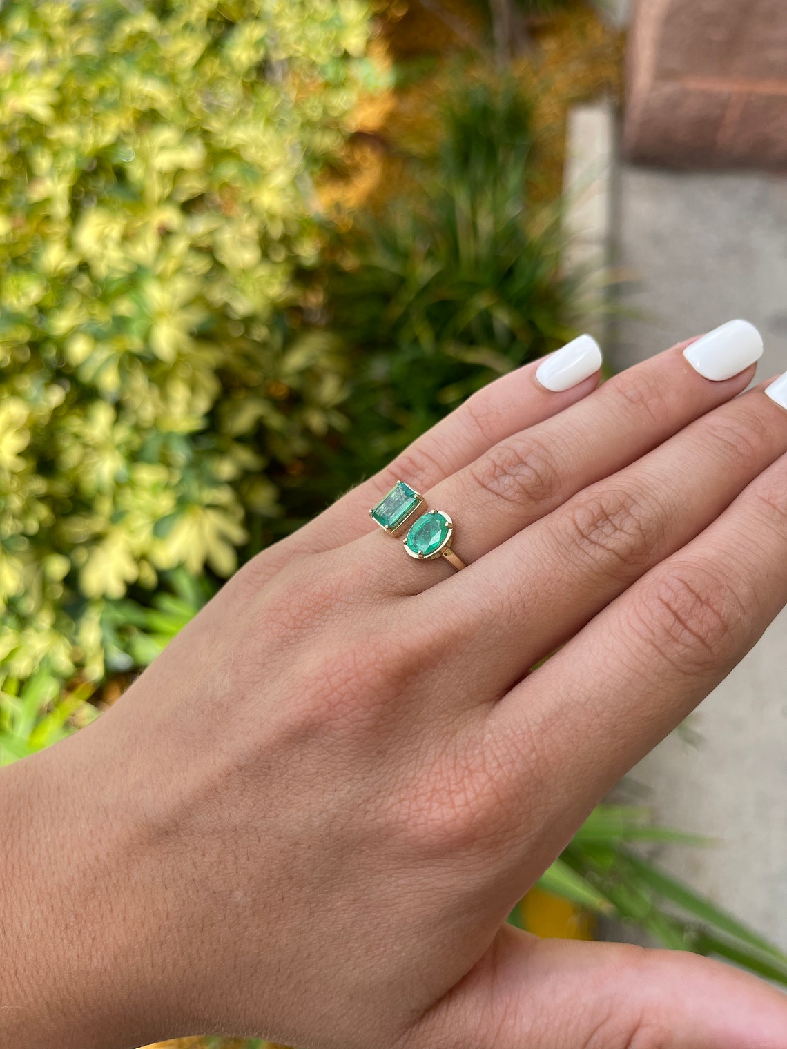 2.69tcw 14K Gold Natural Green Emerald Toi Et Moi & Oval Cut Cuff Ring for Women, Elegant Wedding Gift, Anniversary Jewelry, Valentine's Day Present