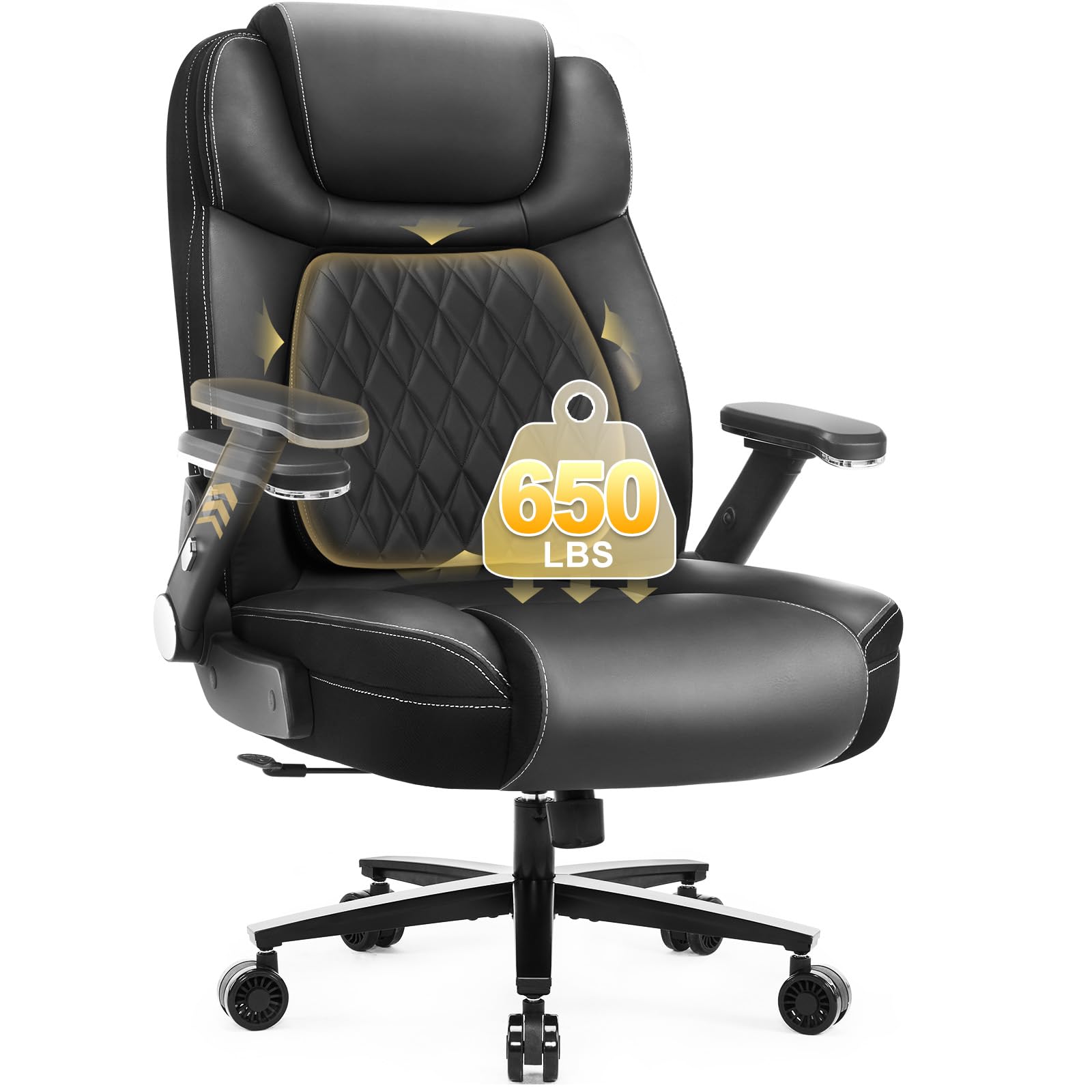 Big and Tall Office Chair for Heavy People - 650lbs Capacity Ergonomic High Back Chair with Upgraded Quiet Rubber Wheels & 5D Flip Arms - Perfect for Home Office, Gaming, and Workspaces
