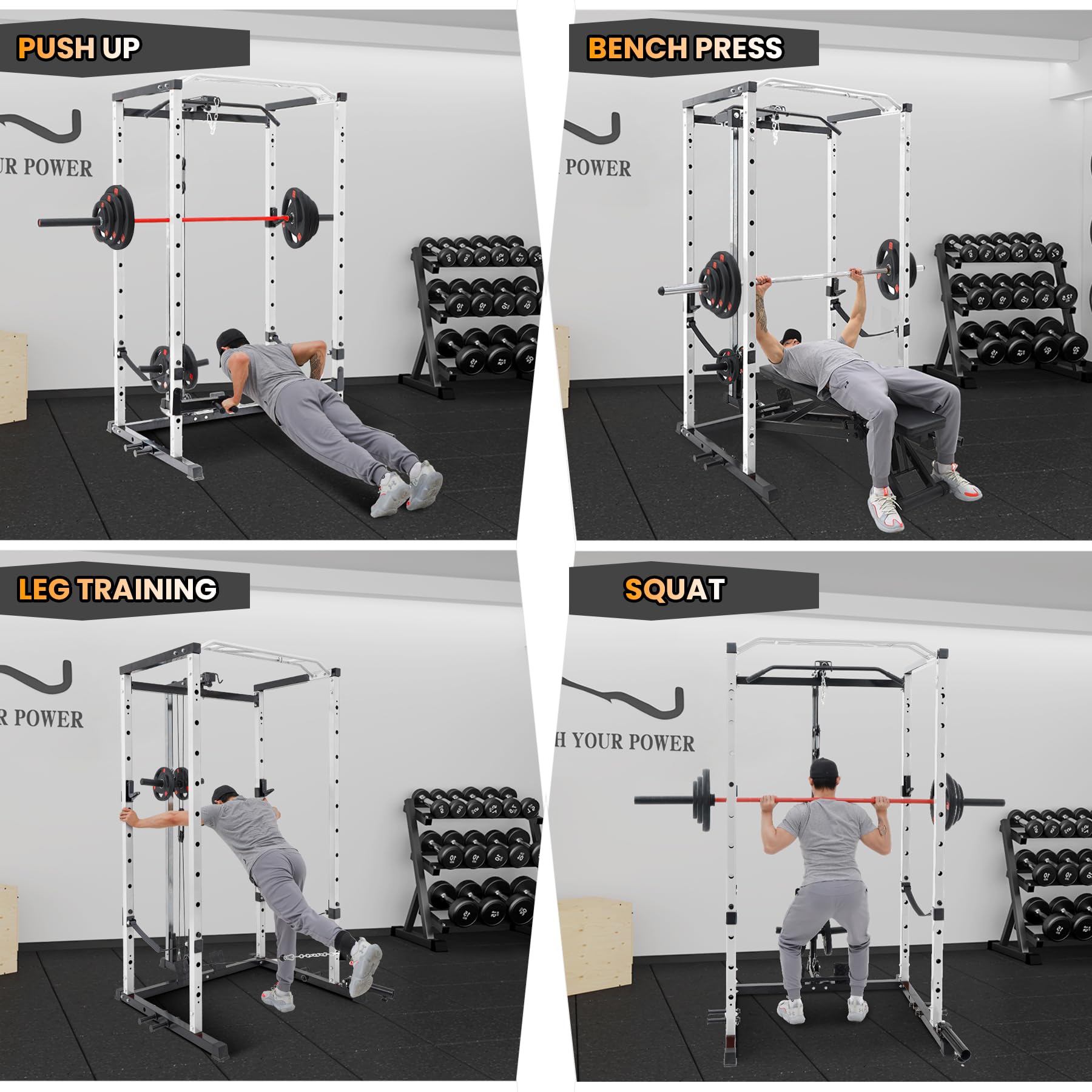 **1600LBS Power Cage Squat Rack with Dip Bar & Cable Pulley System - Heavy Duty Stainless Steel Home Gym Equipment for Strength Training & Weightlifting**    *(Perfect for Home Workouts, CrossFit, Powerlifting & Full-Body Exercises)*