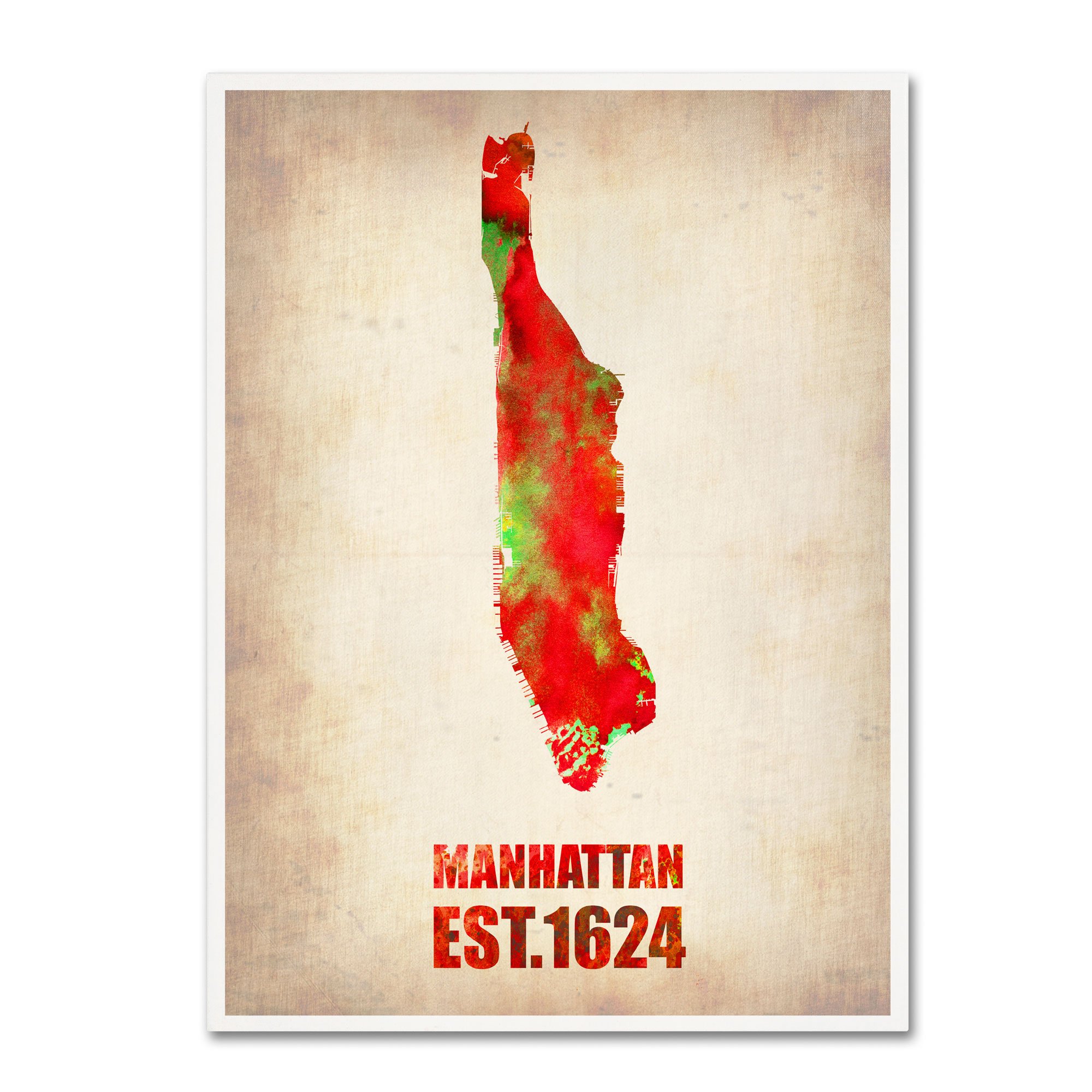 Trademark Fine Art Manhattan Watercolor Map by Naxart - 14x19 Inch Canvas Wall Art Print - New York City Skyline Decor for Home, Office & Gifts