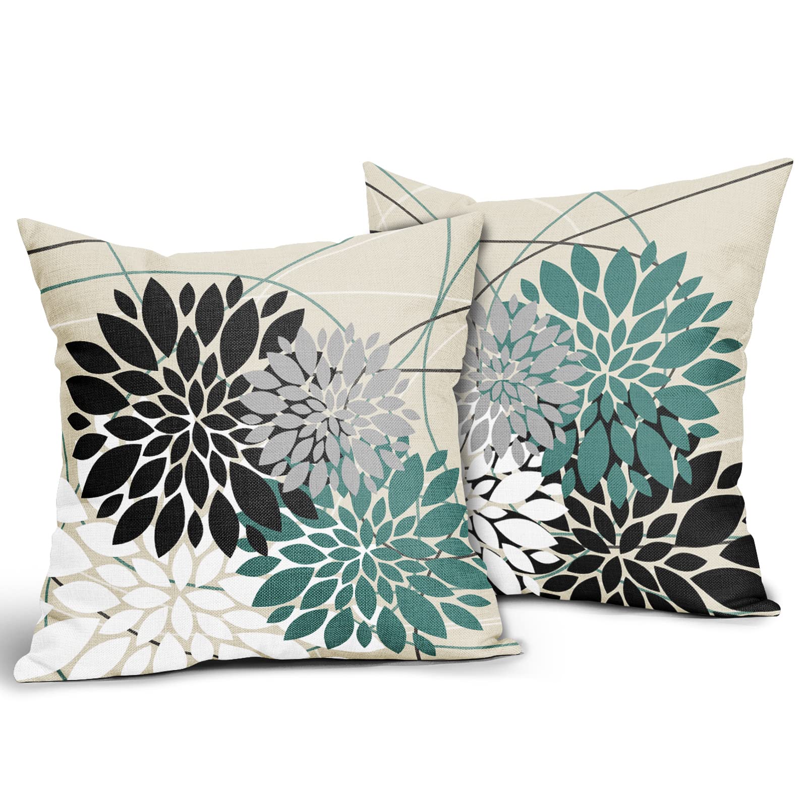 Premium 18x18 Inch Black Teal Floral Pillow Covers - Elegant Dahlia Flower Design in White & Gray - Set of 2 Modern Farmhouse Square Cushion Cases for Sofa, Couch, Bed, Living Room & Outdoor Decor - Soft Linen Throw Pillows for Home Styling & Comfort