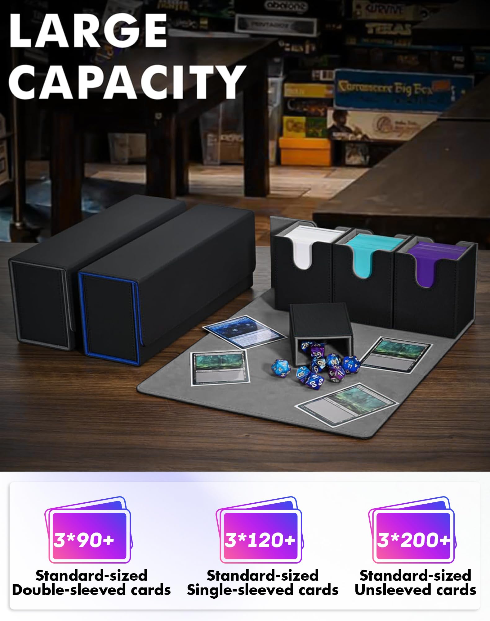 MTG Deck Box with Dice Tray - 4-in-1 Storage Case Holds 600+ Unsleeved Cards | Strong Magnetic Organizer for Yugioh, TCG & Sports Cards (Black) | Perfect for Game Nights, Tournaments & Card Collectors