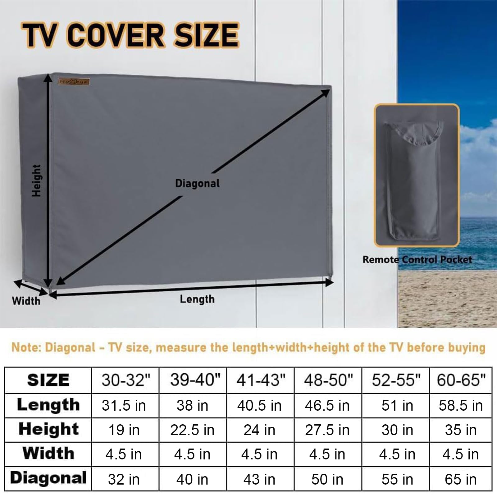 **HOMEYA 600D Heavy Duty Weatherproof Outdoor TV Cover for 60-65 Inch LED LCD Flat Screen TVs - Waterproof Zipper, Front Flap & Bottom Cover (58.5