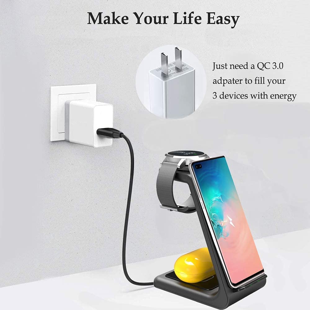 YOCUNKER 3-in-1 Wireless Charging Station - Fast Charger Dock for Samsung Galaxy Watch 5/4/3/2/Active 2/1/Gear S3, S22 Ultra/S21/S20/S10/Note 20/Z Flip 4/Z Fold 4/3, Buds+/Pro/Live (Black) | Perfect for Home, Office & Travel Charging Needs