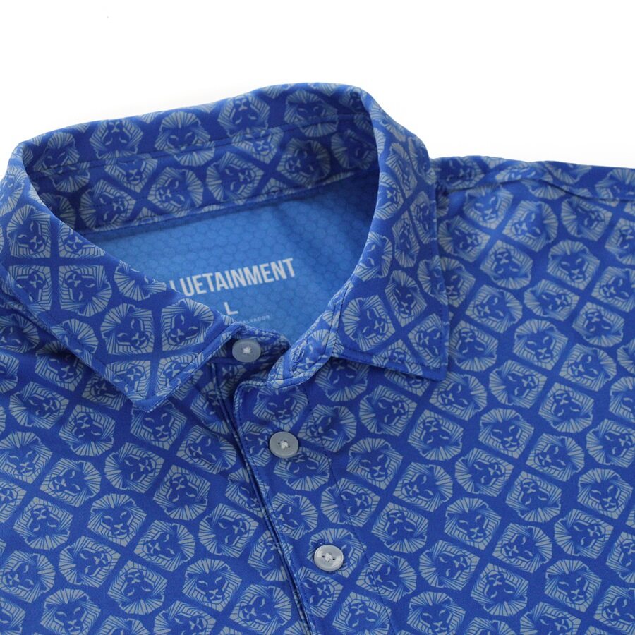 Lion Shield Royal Blue & Grey Pattern Short Sleeve Polo Shirt for Men - Classic Fit Casual Wear for Golf, Office & Summer Outings