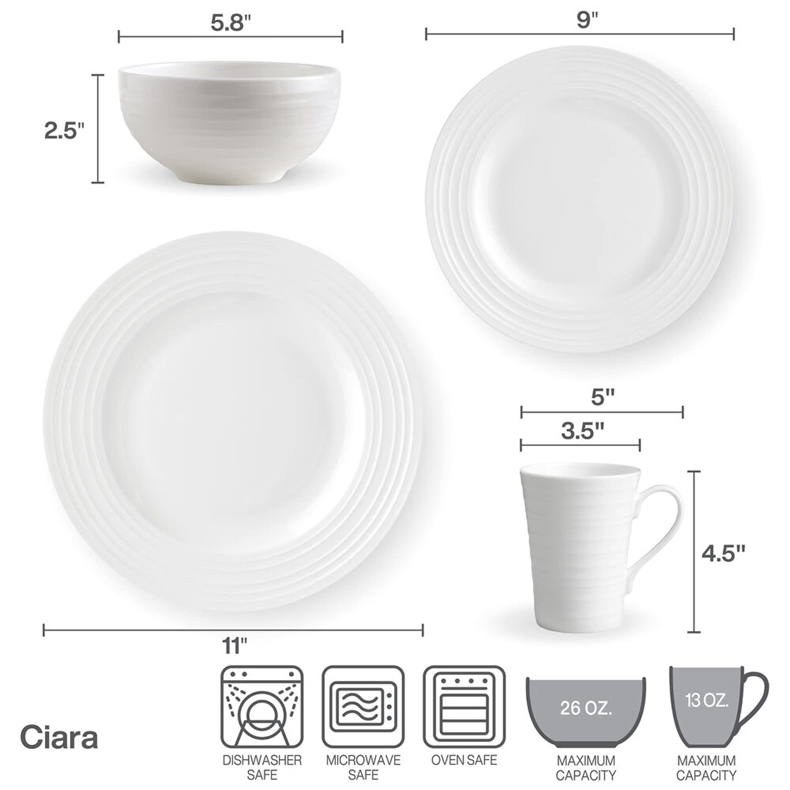 Mikasa 5224193 Ciara 16-Piece Dinnerware Set, Service for 4 - Elegant Porcelain Plates, Bowls & Mugs - Perfect for Family Dinners, Holiday Entertaining & Restaurant Use