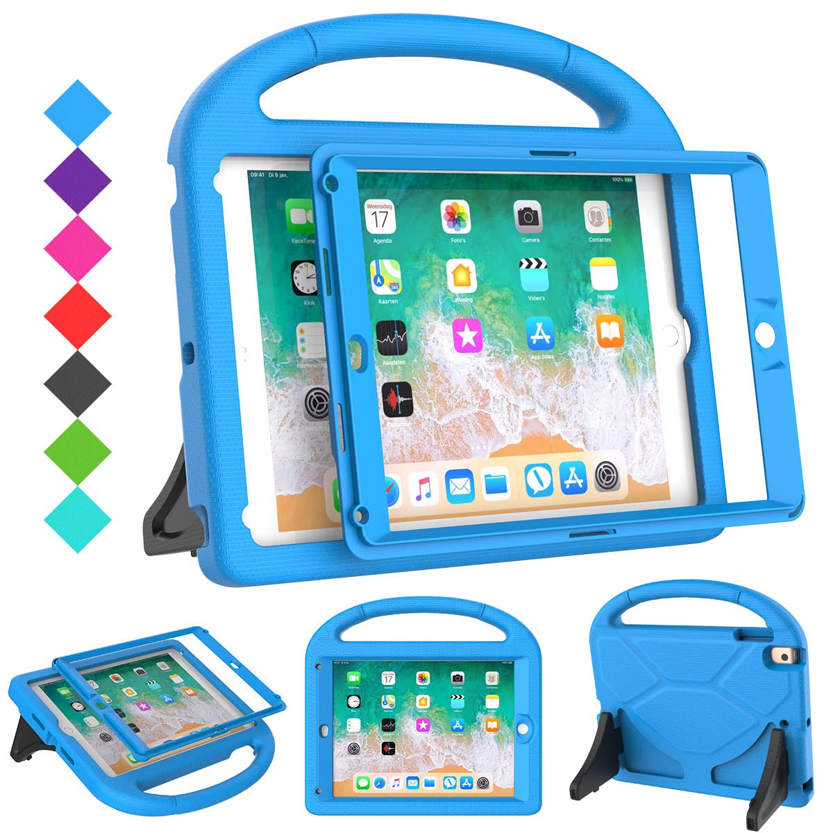 SUPLIK Kids Protective Case for iPad 5th/6th Generation (9.7 inch, 2017/2018), iPad Air 2/1 & iPad Pro 9.7 - Shockproof Cover with Built-in Screen Protector & Handle Stand - Blue - Perfect for School, Travel & Home Learning