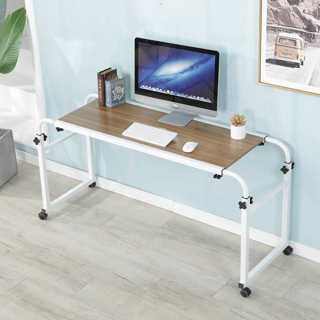 Adjustable Overbed Laptop Desk with Wheels - Rolling Bed Table for King/Queen Size Beds - Portable Workstation in Ancient Oak Finish - Perfect for Home Office, Hospital Use, and Bedside Computing