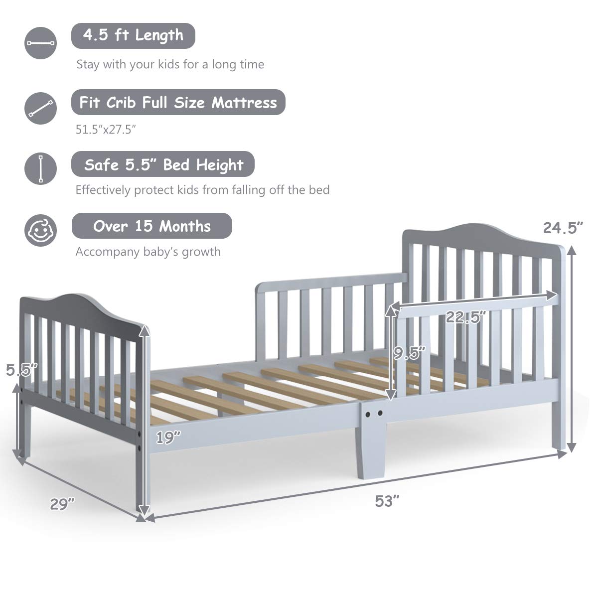 HONEY JOY Solid Rubber Wood Toddler Bed Frame with Safety Guardrail - Fits Full Size Crib Mattress (Not Included) | Classic Kids Bedroom Furniture for Boys & Girls | Perfect for Nursery, Daycare or Children's Bedroom (Gray)