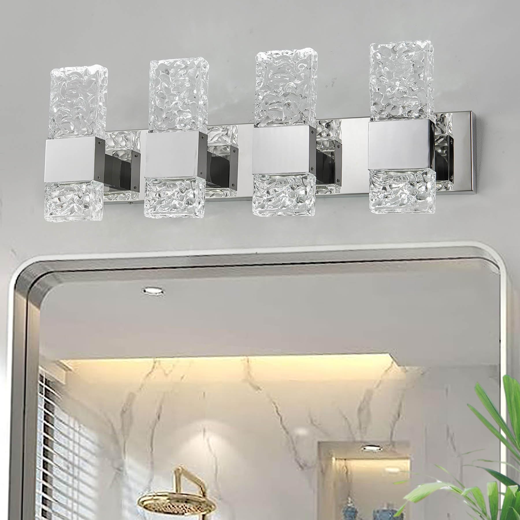 Modern LED Bathroom Vanity Light Fixtures - Chrome Stainless Steel 4-Light Wall Sconces for Bathroom Lighting Over Mirror - 28 Inch 40W LED Crystal Wall Light - Cool White 5800K - Perfect for Modern Bathrooms, Powder Rooms & Vanity Areas