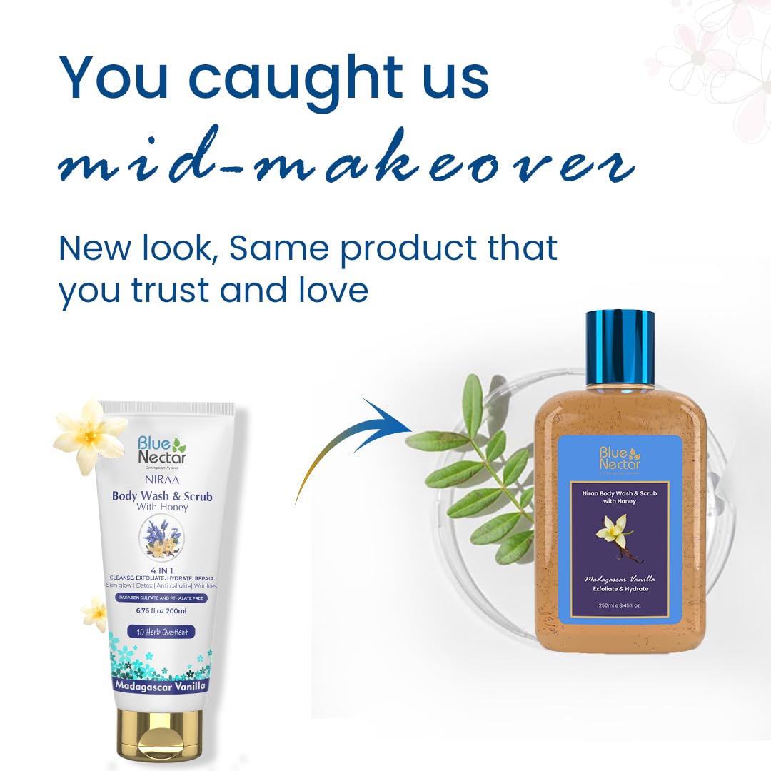 Blue Nectar Exfoliating Body Wash & Scrub for Rough & Bumpy Skin - Madagascar Vanilla Tan Removal Body Scrub with 10 Herbs for Women & Men (250ml) | Perfect for Dry Skin Care & Post-Sun Exfoliation