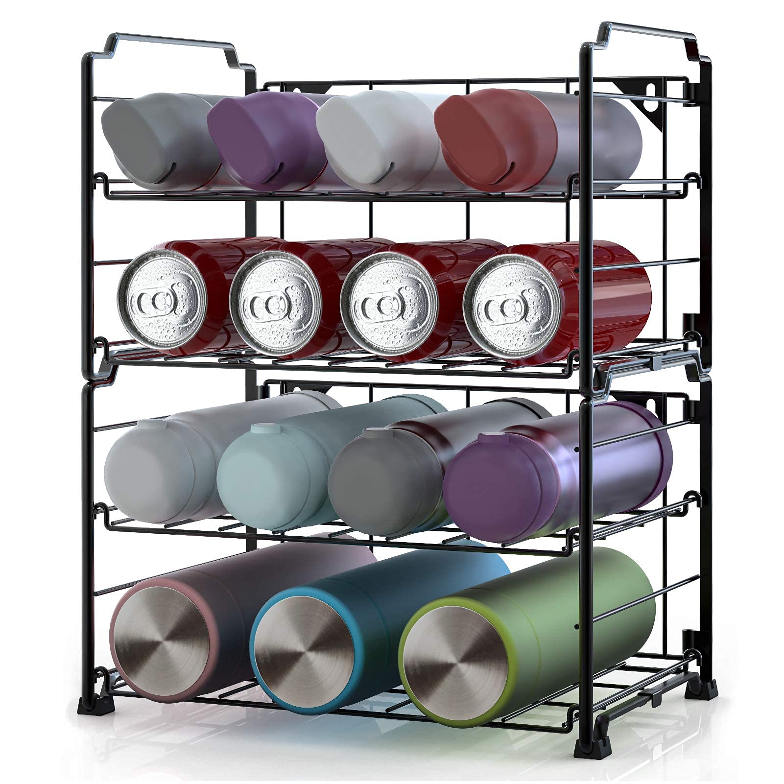 AULEDIO Adjustable 2-Tier Stackable Water Bottle Holder Rack - Space Saving Organizer for Kitchen, Fridge, Pantry & Office (Black, 2 Pack) - Perfect for Soda Cans, Juice Bottles & Drink Storage