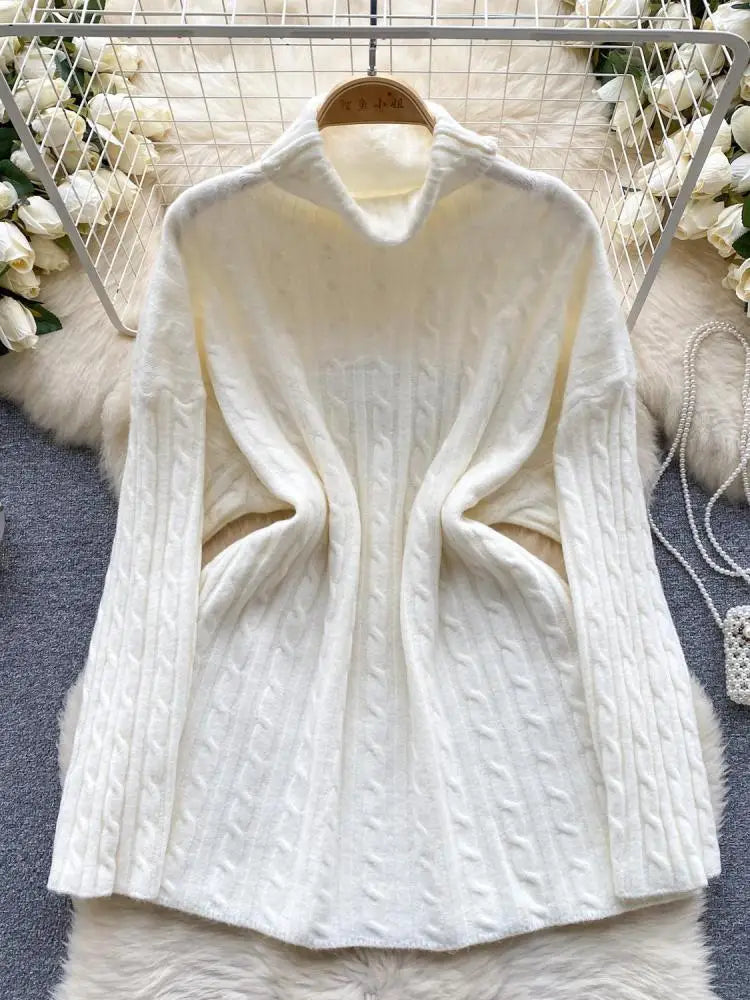Women's Elegant High Neck Knit Sweater - Warm Winter Pullover with Long Sleeves, Loose Fit Crochet Top for Casual & Office Wear | Cozy Autumn Winter Fashion