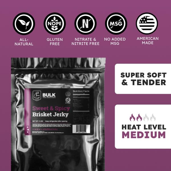 Premium Bulk Brisket Jerky - Sweet & Spicy Flavor - 5 Pound Pack - Perfect for Camping, Hiking & Road Trips