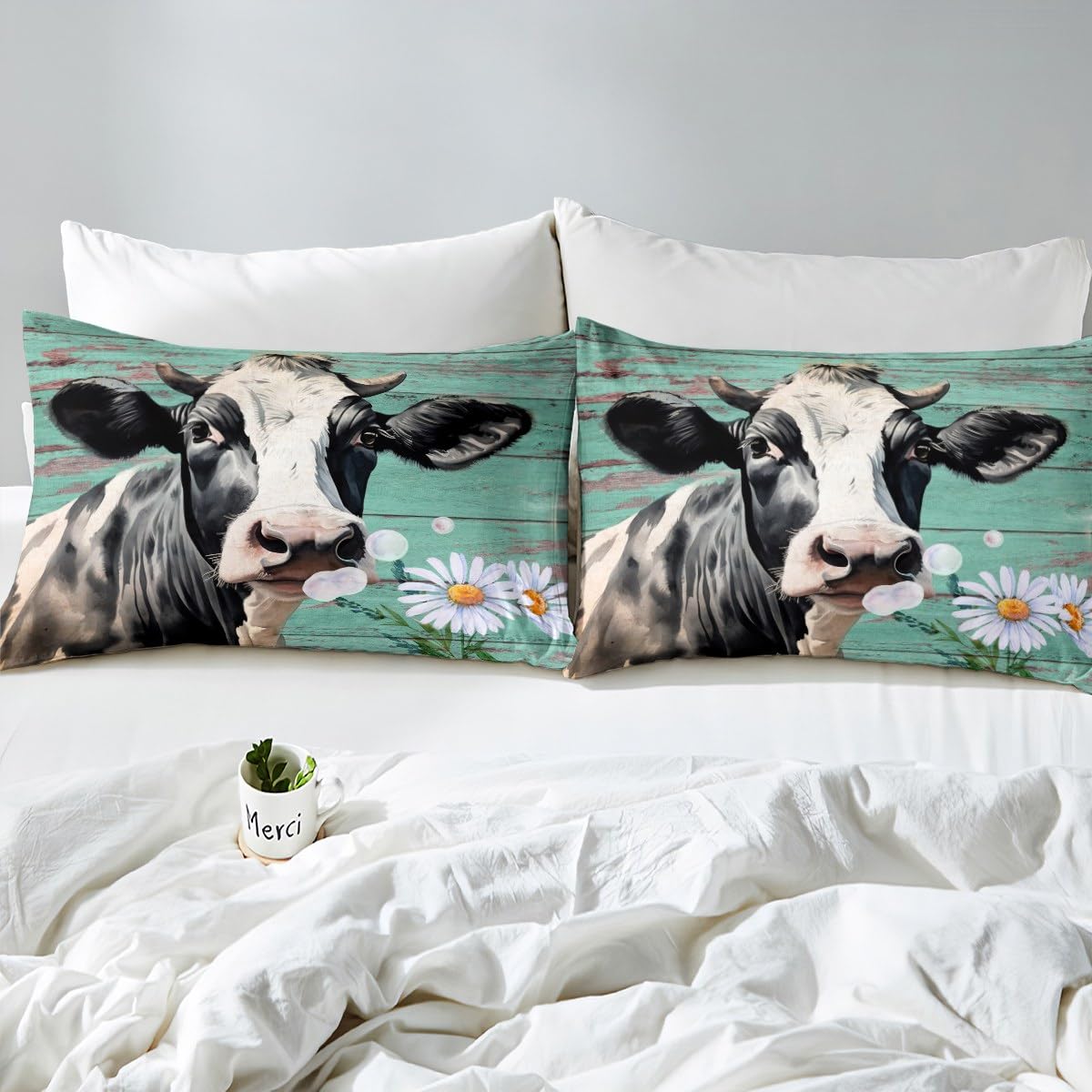 Highland Cattle Comforter Cover Set - Cow Print Duvet Cover Twin Size, Blue Daisy Floral Farmhouse Bedding with Western Cowboy Theme, 2-Piece Teal Decor | Perfect for Rustic Bedroom, Farmhouse Style Home & Western Themed Guest Room