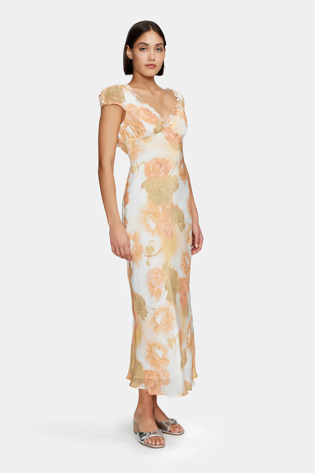 Lottie Peachy Garden Cap Sleeve Midi Dress - Floral Print Summer Dress for Women, Perfect for Garden Parties, Brunch Dates & Outdoor Events