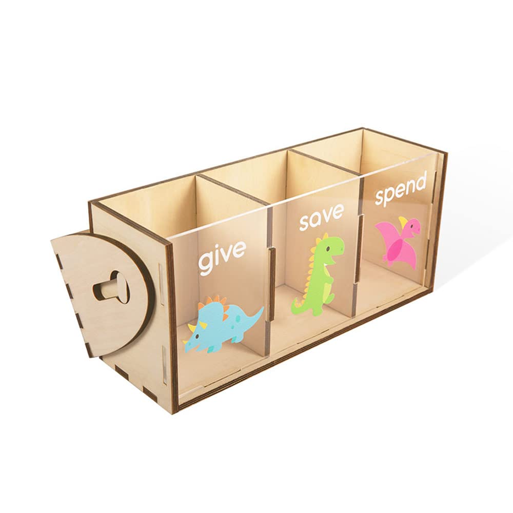 Dinosaur Wooden Piggy Bank for Kids - Large Capacity Coin Money Box with 3 Compartments, Engraving Name & Decorative Patterns | Fun Savings Gift for Boys & Girls (Christmas, Birthday, Toddler) - Perfect for Teaching Money Management & Room Decor