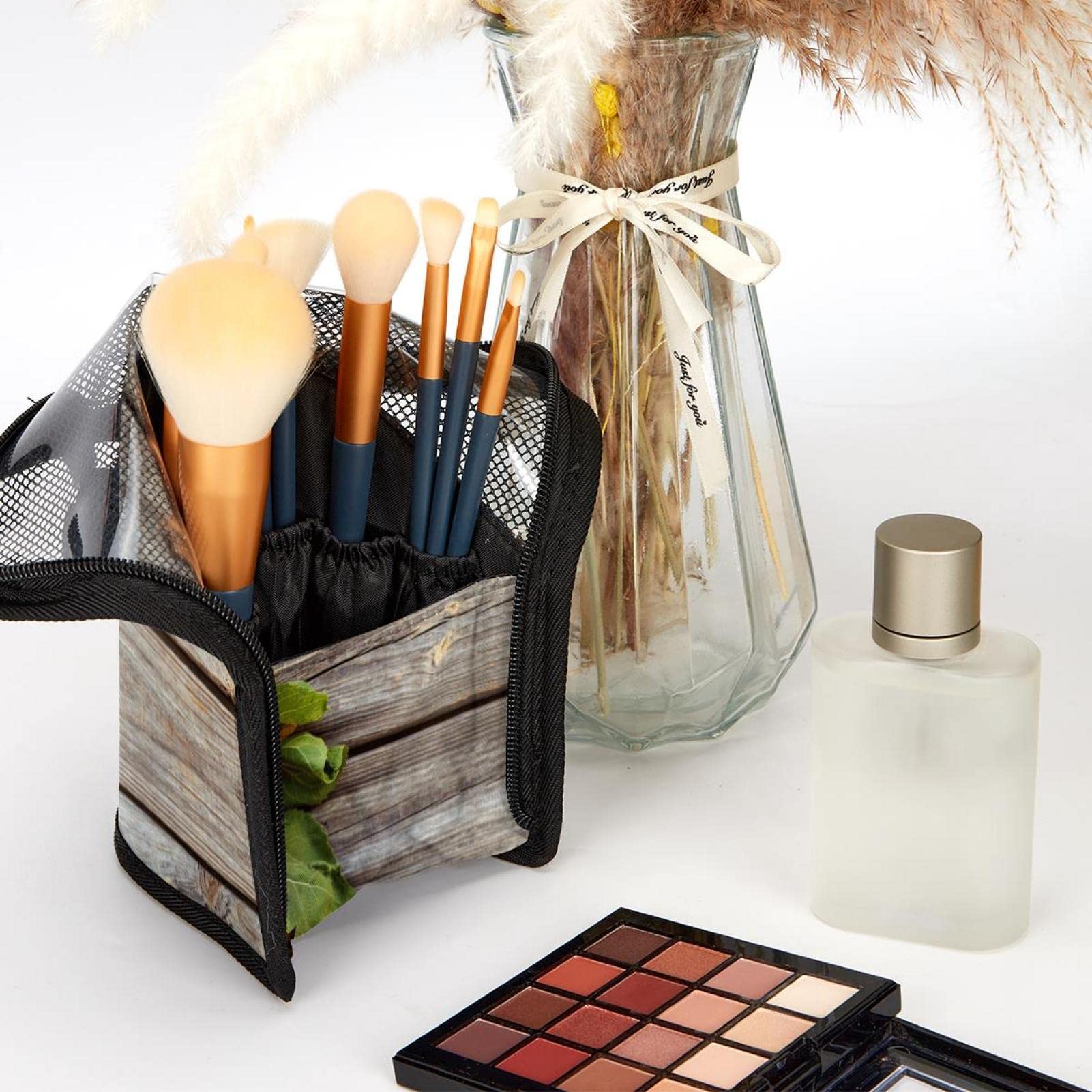 12-Piece Makeup Brush Organizer Bag with Floral Design - Portable Cosmetic Brush Holder Case for Travel & Home Storage - Perfect for Makeup Artists & Beauty Enthusiasts