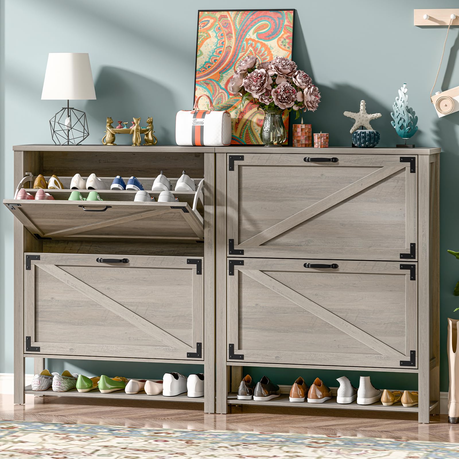 5-Tier Rustic Grey Shoe Storage Cabinet with 2 Flip Drawers - Farmhouse Entryway Organizer, Narrow Freestanding Wooden Shoe Rack for Hallway, Living Room & Bedroom Closet Organization