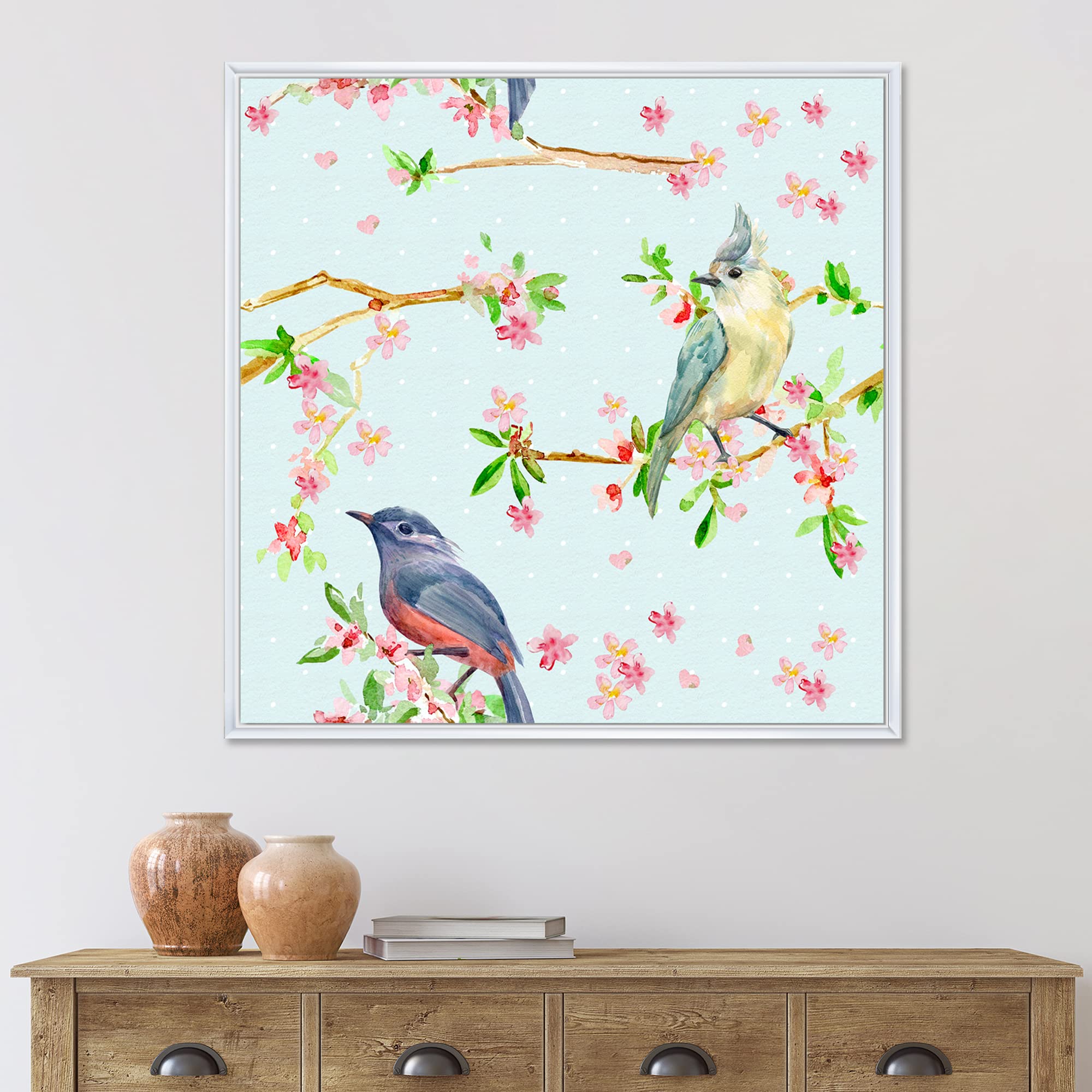 Blue Flowers and Birds Traditional Framed Canvas Wall Art Print - Elegant Home Decor for Living Room, Bedroom & Office