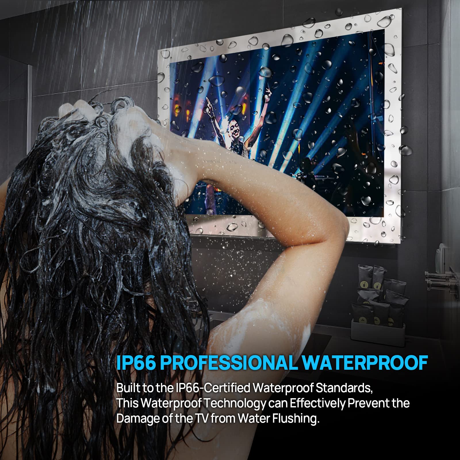 Haocrown 15.6 Inch Waterproof Smart Mirror TV with Touch Screen - Full HD 1080P, Built-in Wi-Fi 2.4/5G & Bluetooth, ATSC Tuner, USB/HDMI, Wall Mountable (8+64GB, HG156BM) - Perfect for Bathroom, Shower & Kitchen Entertainment