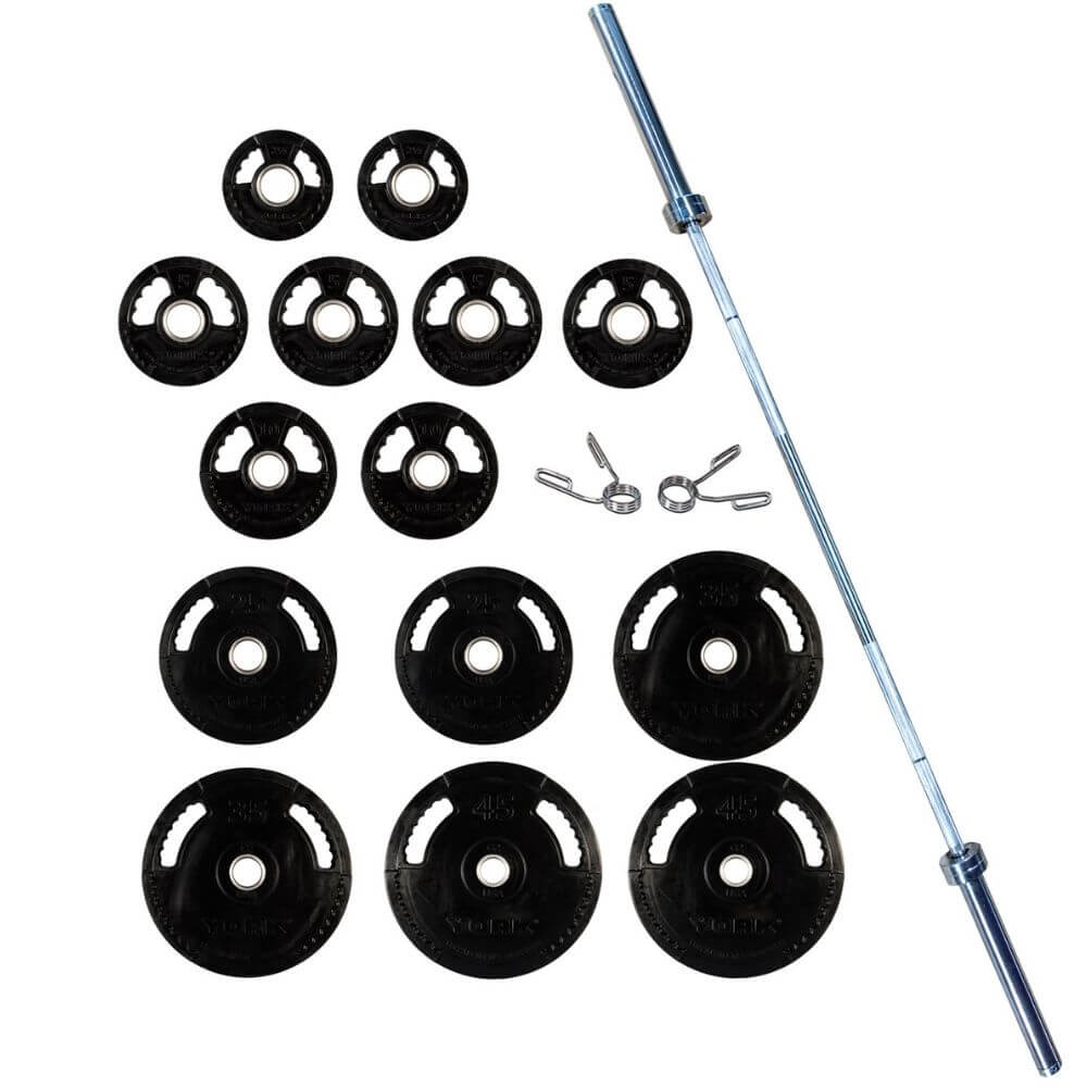 York G2 Rubber Encased Olympic Plate & Barbell Set - Premium Weightlifting Equipment for Home Gym & CrossFit Training