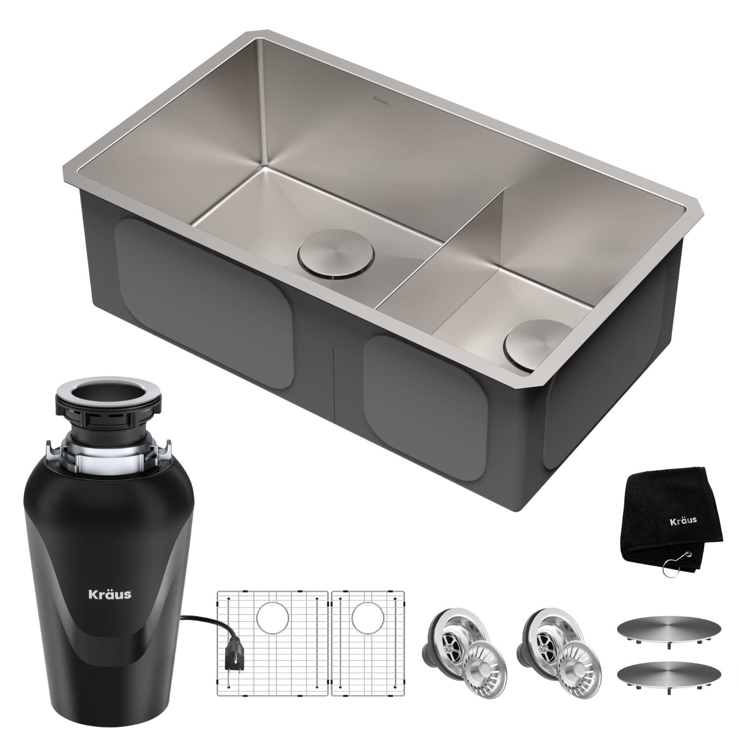 KRAUS Standard PRO™ 32-inch 16 Gauge Undermount 60/40 Double Bowl Stainless Steel Kitchen Sink with WasteGuard™ Continuous Feed Garbage Disposal - KHU103-32-100-75MB | Perfect for Modern Kitchens, Dishwashing & Food Prep