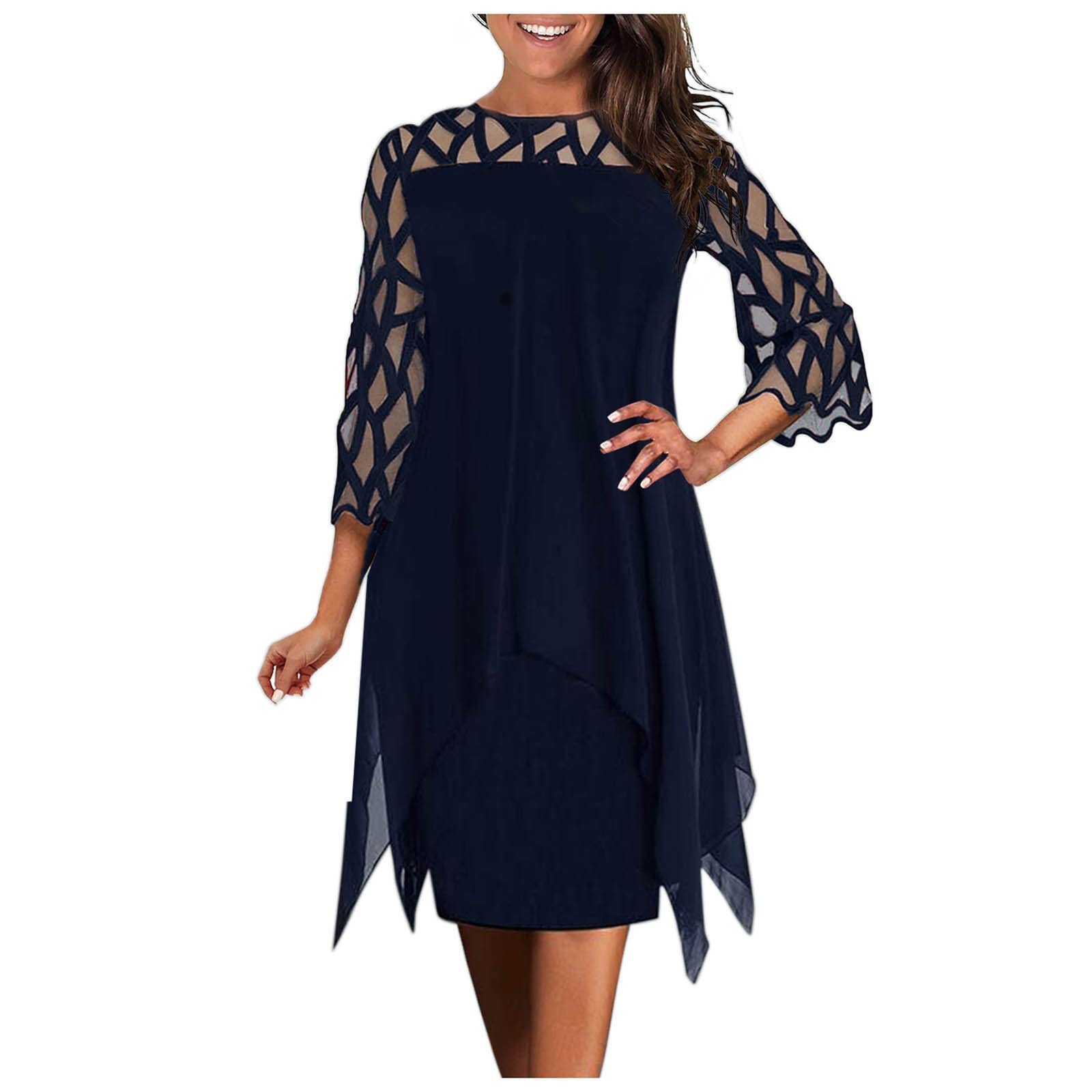 Yoyorule Women's Plus Size Mesh Chiffon Hollow Out O-Neck Dress - Elegant Wedding Guest Dress for Special Occasions & Evening Parties