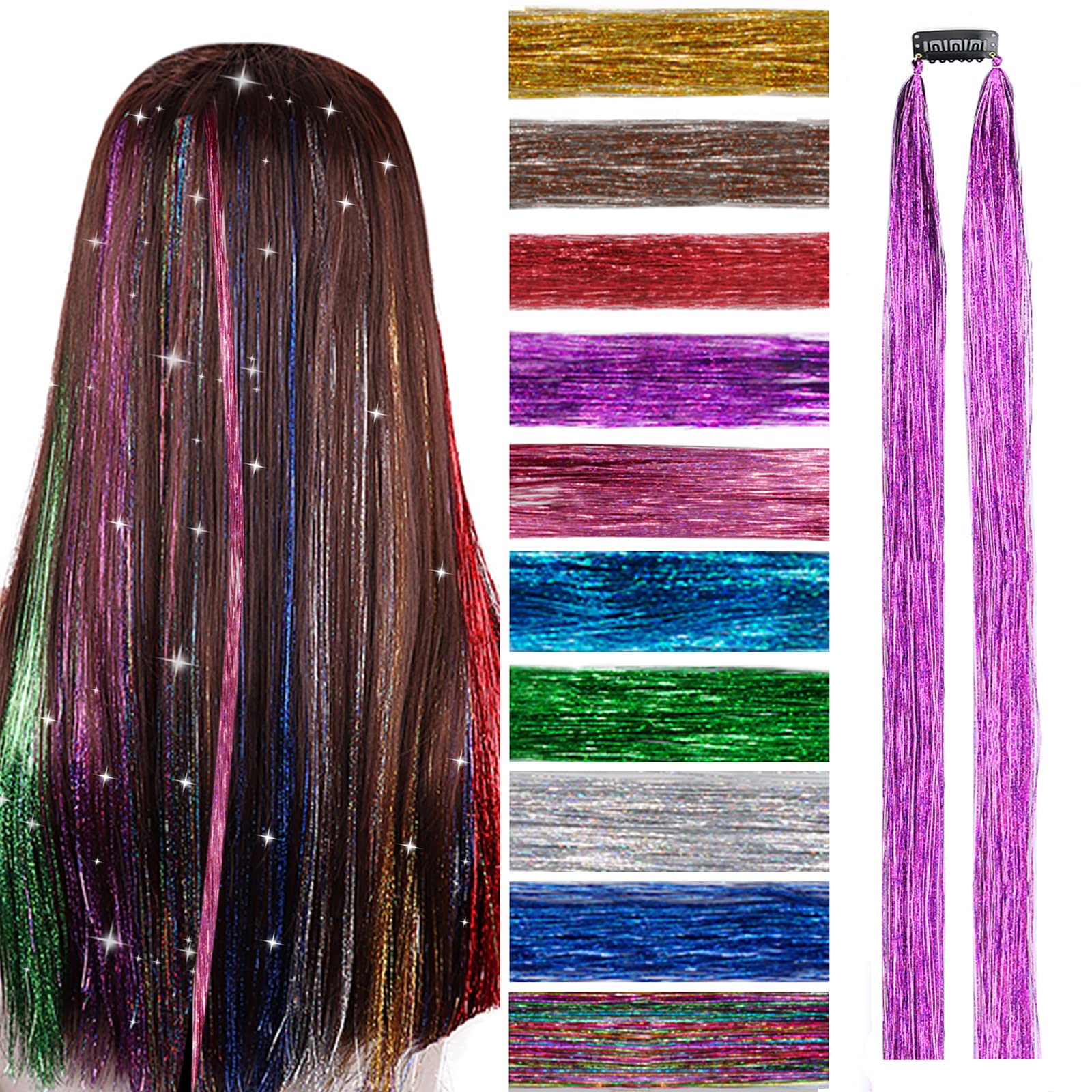 Sparkly Glitter Hair Extensions Kit - 23 Inch Heat Resistant Fairy Hair Tinsel with 10 Color Options | Clip-In Hair Accessories for Girls, Parties, Cosplay & Festivals