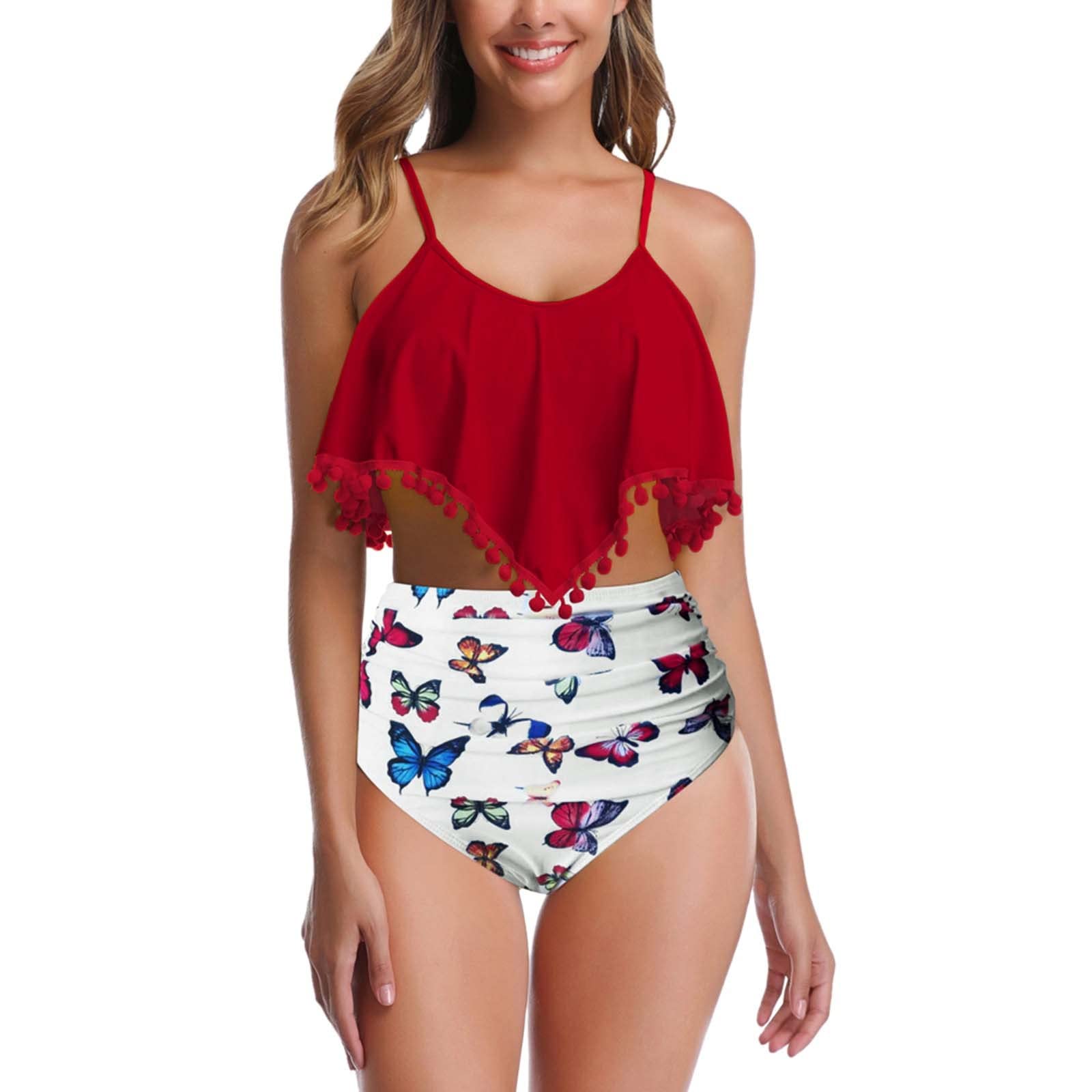 Women's 2-Piece Printed Ruffle Tassel Tankini Swimsuit Set - Floral Bikini with Adjustable Straps for Beach Vacation & Pool Party