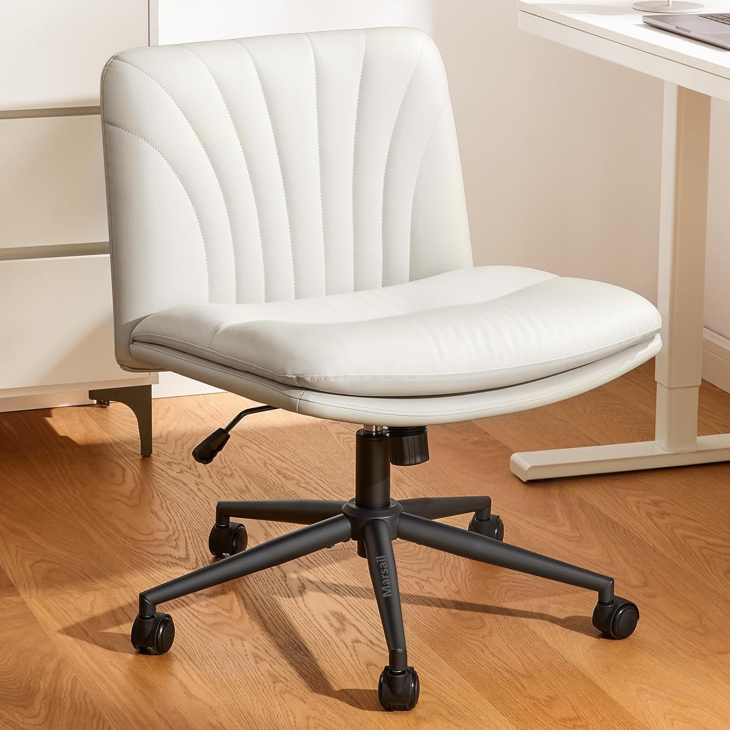 Marsail Armless Office Desk Chair with Wheels - PU Leather Cross Legged Wide Chair, Adjustable Swivel Computer Task Chair for Home & Office, Light Beige | Perfect for Small Spaces, Bedrooms & Makeup Areas
