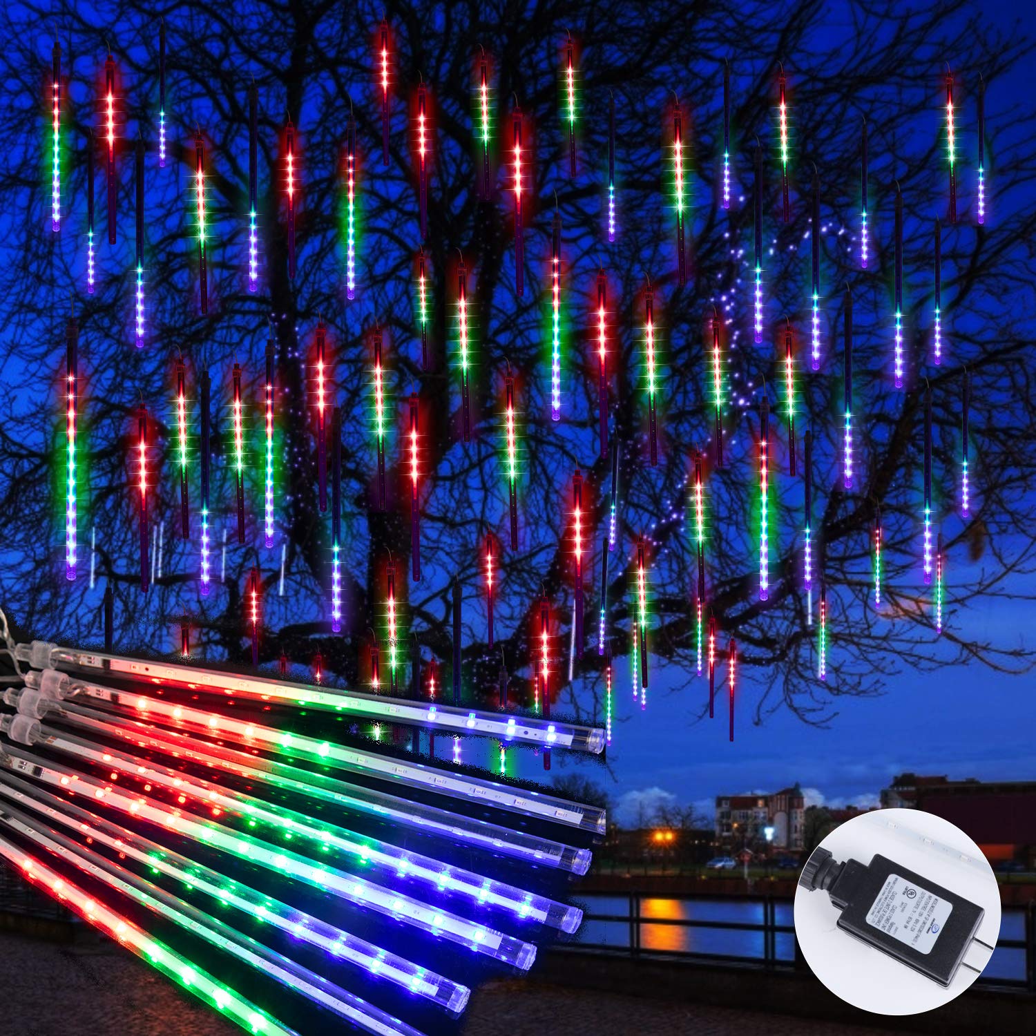 192 LED Meteor Shower Lights Outdoor - 11.8 Inch 8 Tubes Waterproof Christmas Snowfall Lights | Multicolor Hanging Rain Lights for Trees, Bushes, Holiday Party & Home Decor | Perfect for Christmas, Garden, Wedding & Outdoor Events