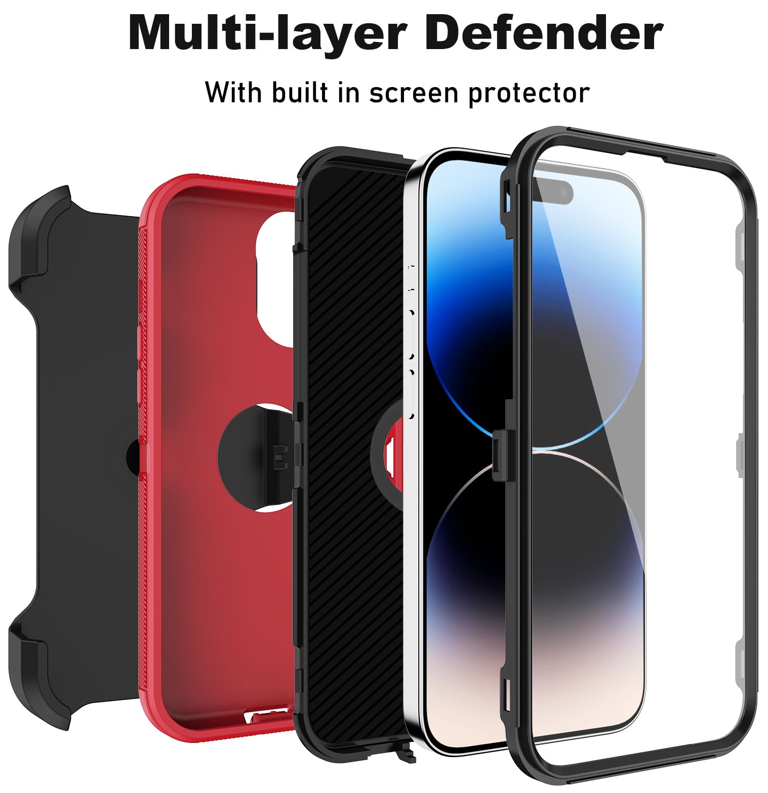 Military Grade Shockproof iPhone 14 Pro Max Case with Built-in Screen Protector - Full Body Rugged Protection Cover with Belt Clip & Kickstand (Red) | Perfect for Outdoor Adventures, Construction Work & Extreme Sports Protection