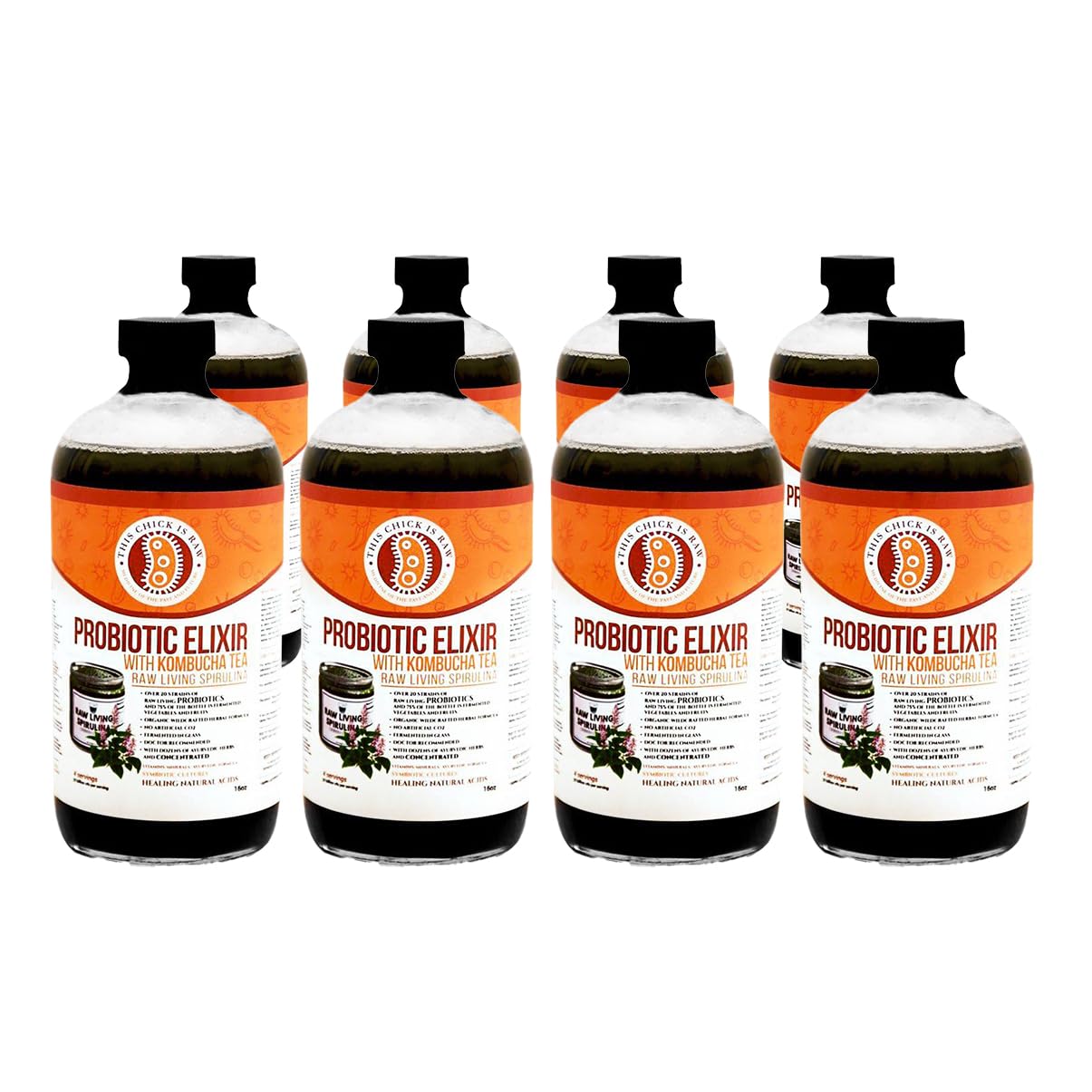 Organic Raw Living Spirulina Probiotic Elixir with Kombucha Tea – 1 Gallon (4 x 32 oz) – Supports Gut Health & Digestion – Vegan, Non-GMO, Gluten-Free – Perfect for Smoothies, Detox & Daily Wellness Routine