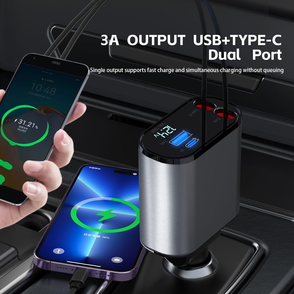 60W Fast Retractable Car Charger with 4-in-1 USB Cables - Compatible with iPhone 15/14/13/12/11, Samsung Galaxy & Google Pixel - Dual Lightning Ports for Quick Charging On The Go - Perfect for Road Trips, Commuting & Travel Accessories
