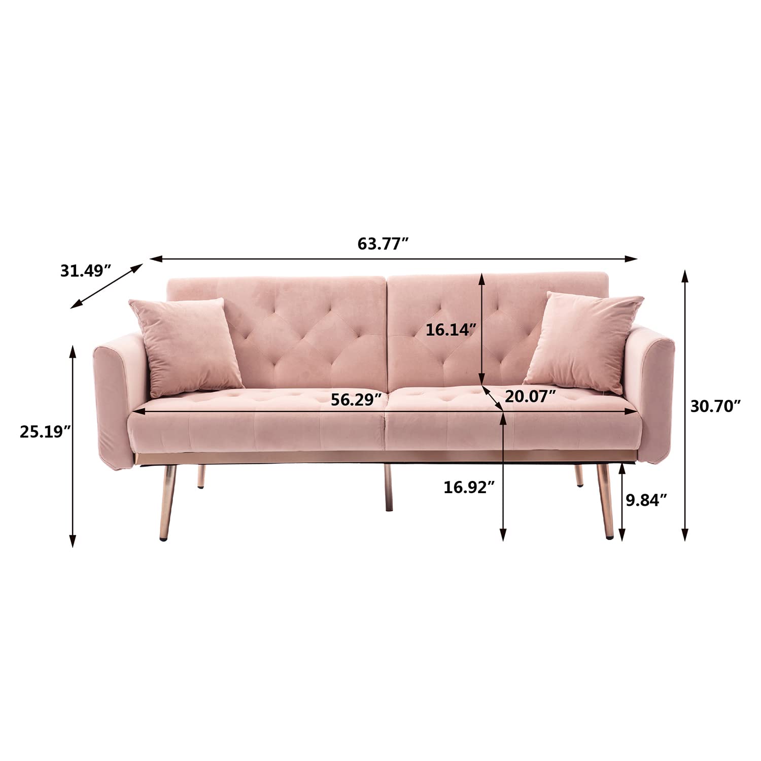 Antetek Velvet Futon Sofa Bed - 3 Adjustable Positions, Small Sleeper Sofa Loveseat with 2 Decorative Pillows, Modern Convertible Couch with 5 Metal Tapered Legs - Pink Velvet Upholstered Furniture for Living Room, Guest Room & Small Spaces