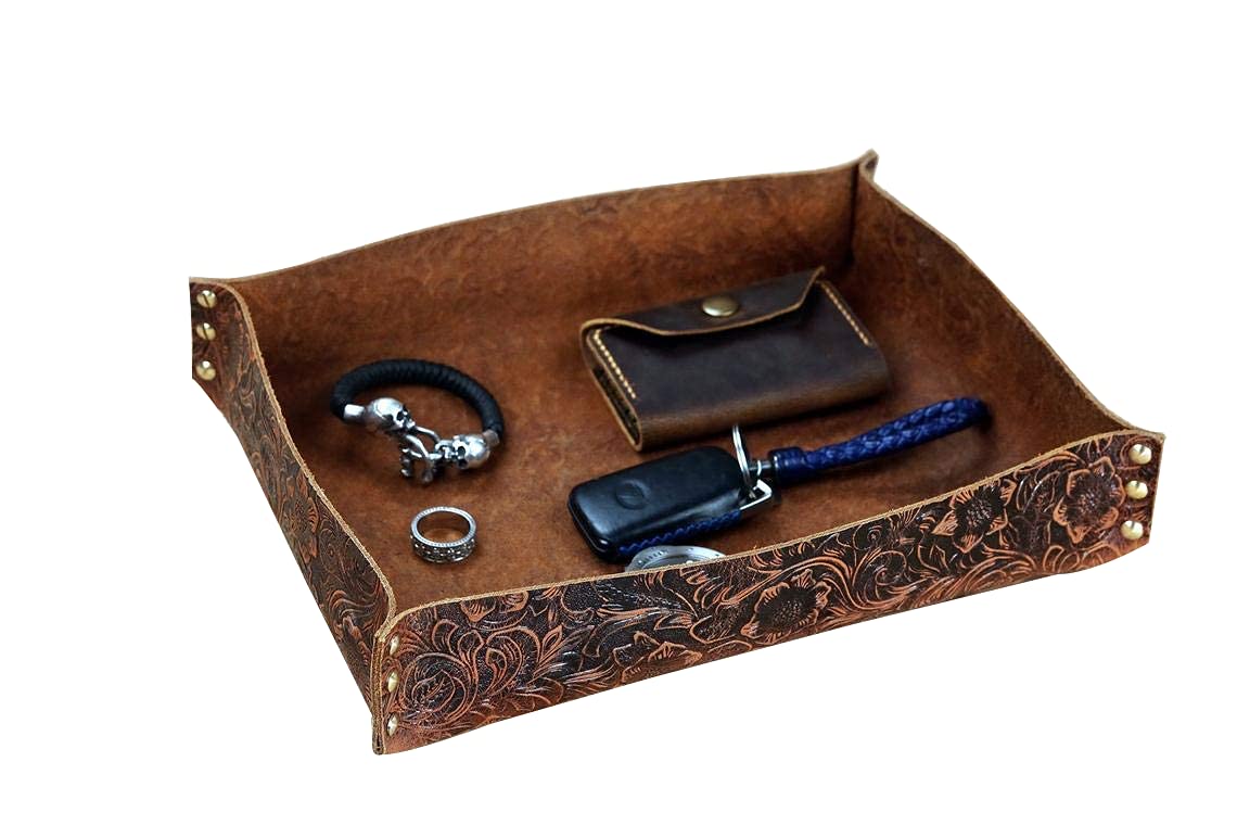 Personalized Large Black & Gray Leather Tray - Blue Green Leather Desk Organizer - Hand Tooled Leather Desk Caddy - 3rd Anniversary Gift for Him/Her - Perfect for Office, Home & Wedding Decor (LTXXCF)