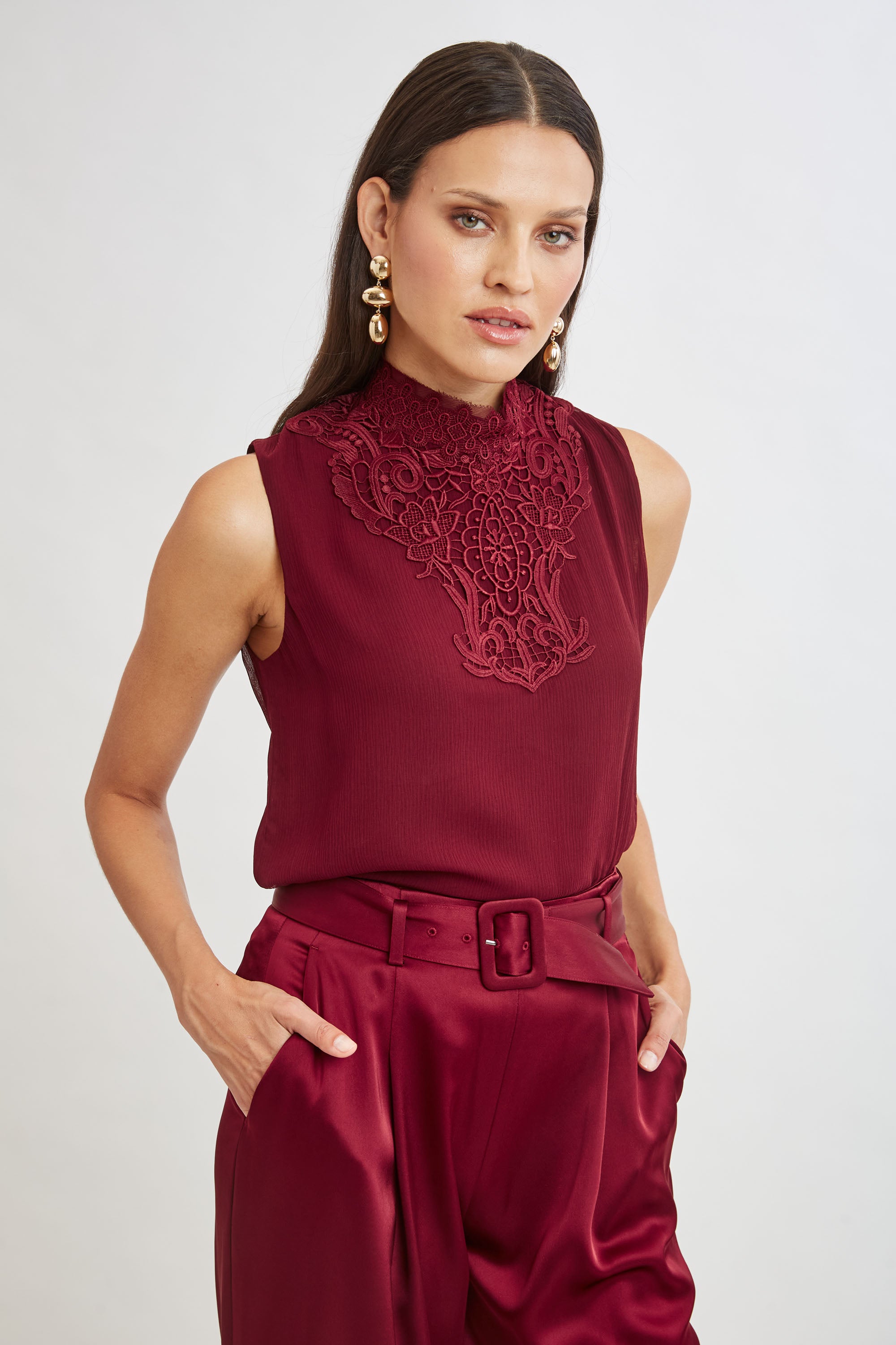 Elegant Lace Insert Crinkle Silk Chiffon Blouse for Women | Breathable Summer Shirt | Perfect for Office Wear, Date Night & Special Occasions