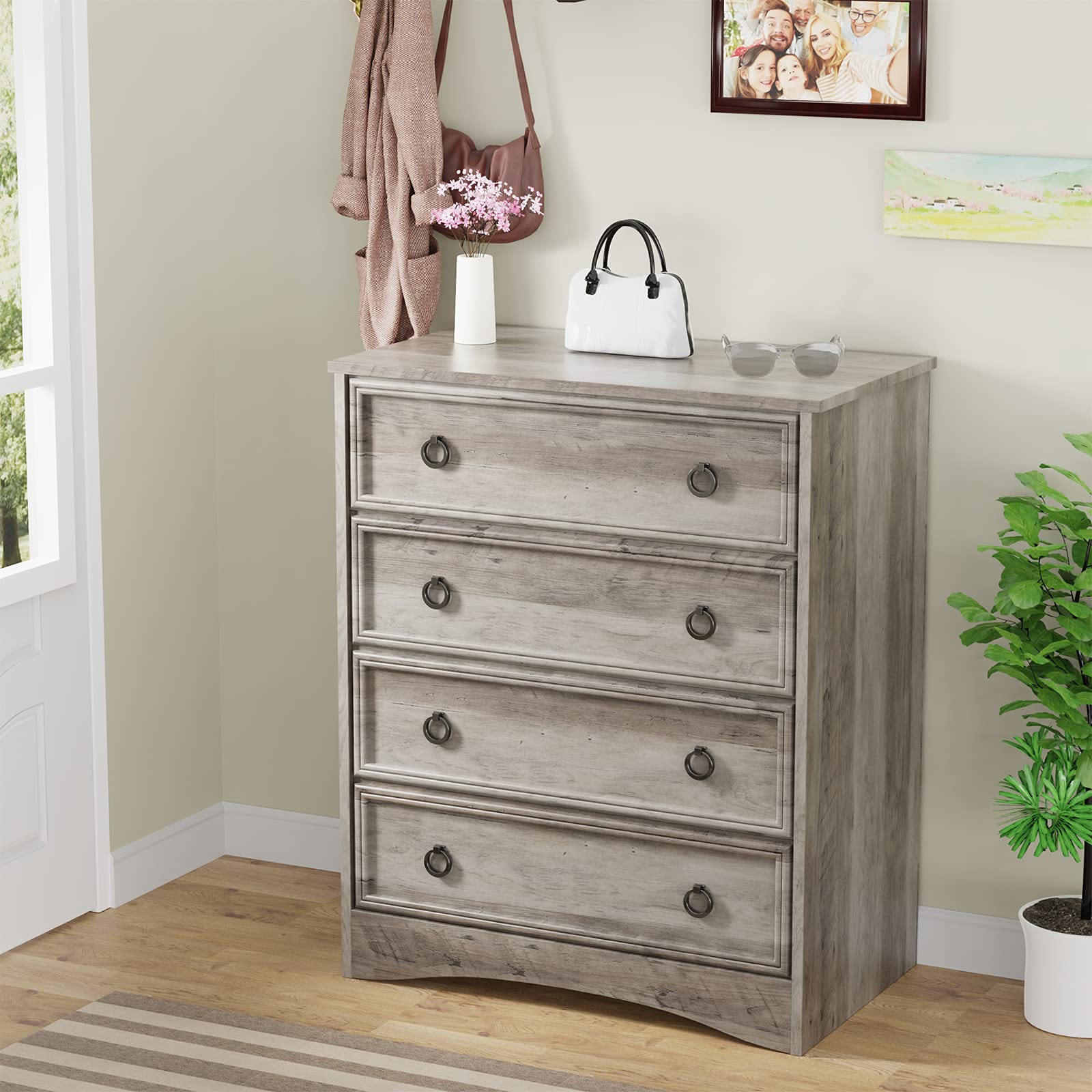 Modern 4-Drawer Dresser for Bedroom - Tall Chest of Drawers with Easy Pull Handles & Textured Borders | Gray Closet Organizer & Clothing Storage Solution | Perfect for Living Room, Hallway & Bedroom Organization