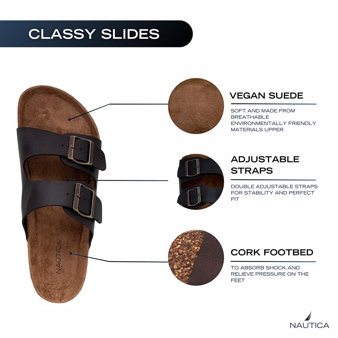 Nautica Men's Comfortable Adjustable Buckle Sandals with Cork Footbed - Casual Slides for Beach, Pool & Summer Wear (Regular/Wide Width, Big Size) - Breathable & Stylish Outdoor Footwear