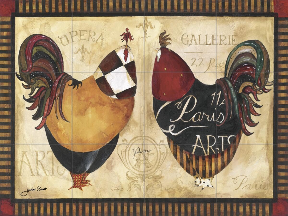 Hand-Painted Ceramic Backsplash Tile Mural - Roosters de Paris I by Jennifer Garant for Kitchen & Bathroom Decor | Farmhouse & French Country Style