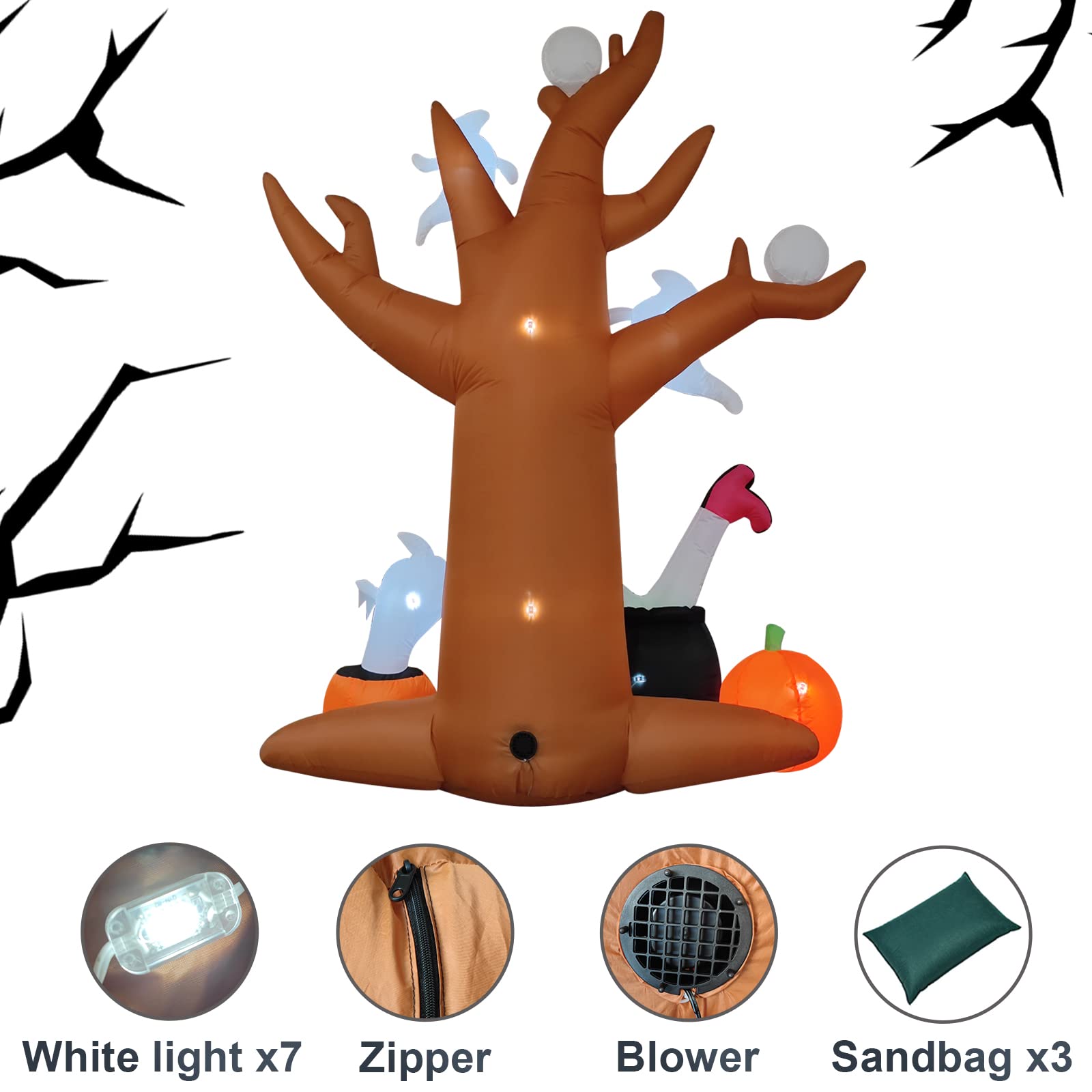 8 Ft Halloween Inflatable Outdoor Decor - Spooky Blow-Up Tree with Ghosts, Eyeballs, Pumpkins, Cauldron & Witch Legs - LED Lighted Lawn Decoration for Halloween Party, Yard & Garden Decor