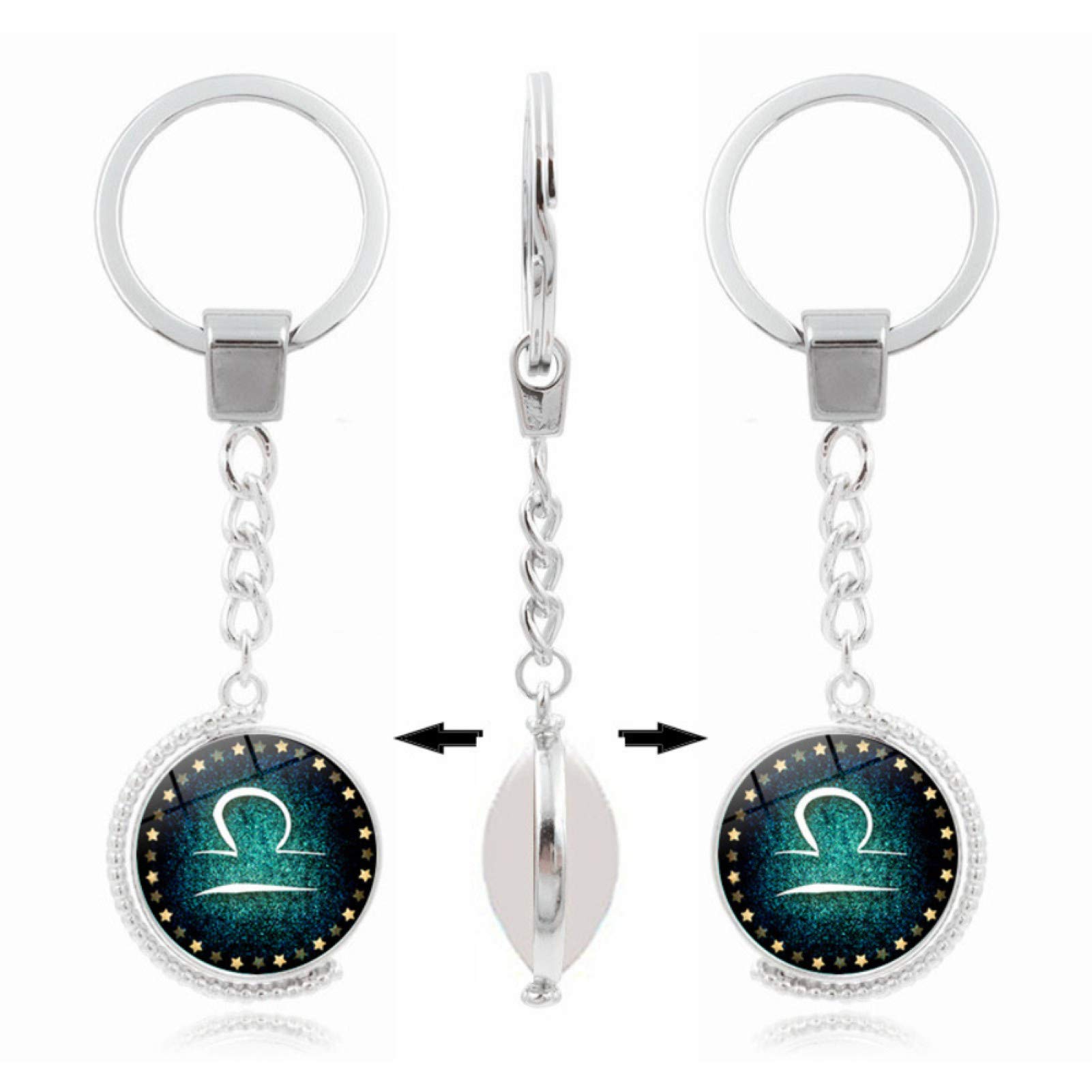 12 Constellations Double-Sided Rotatable Glass Cabochon Pendant Keychain - Zodiac Key Ring for Women & Men - Perfect for Car Keys, Gifts, and Daily Accessories