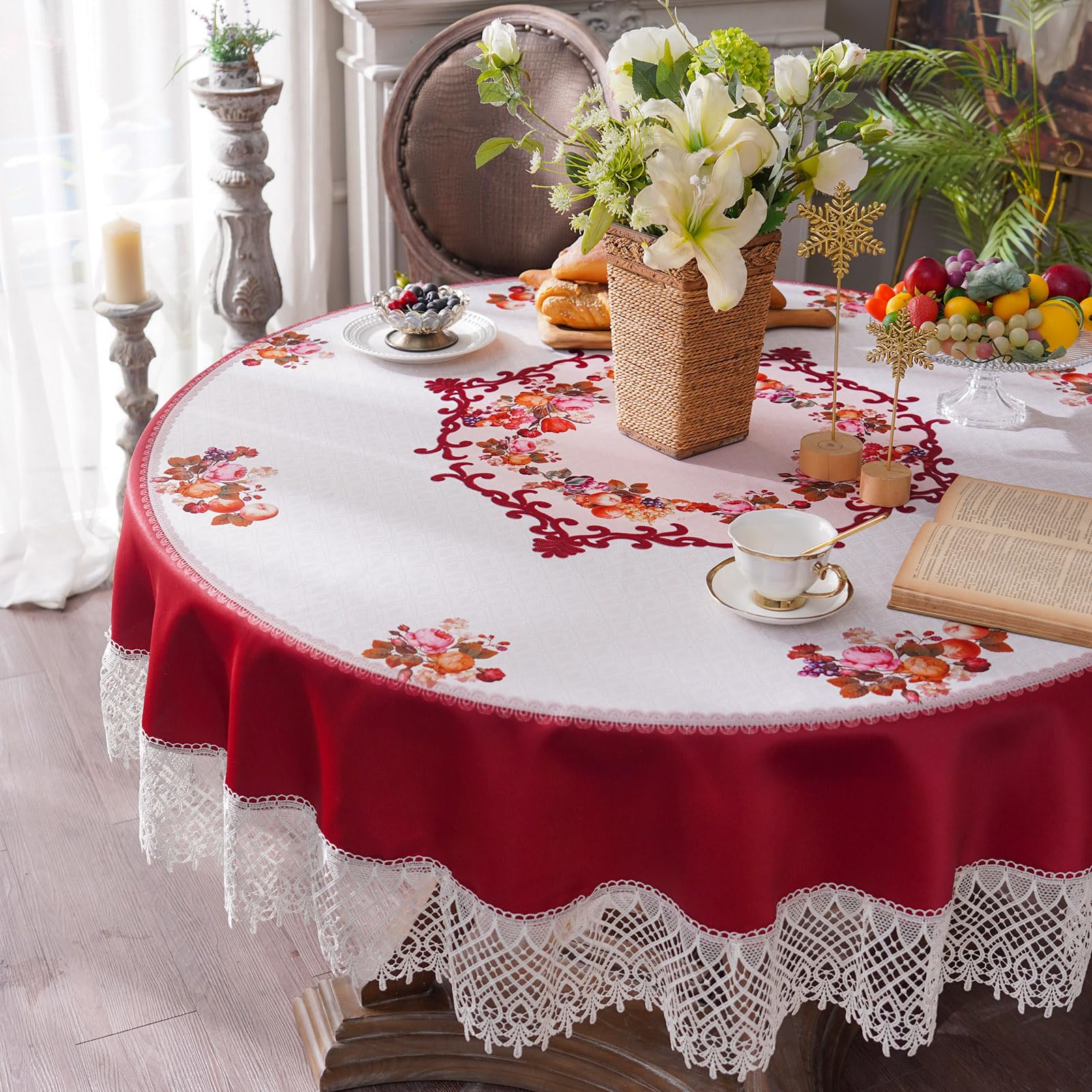 ARTABLE Round Lace Macrame Embroidered Tablecloth - Rustic Farmhouse Decor for Kitchen, Dining Room, Harvest Dresser (Burgundy, 60 Inch Round) - Perfect for Holiday Dinners, Tea Parties & Home Decor