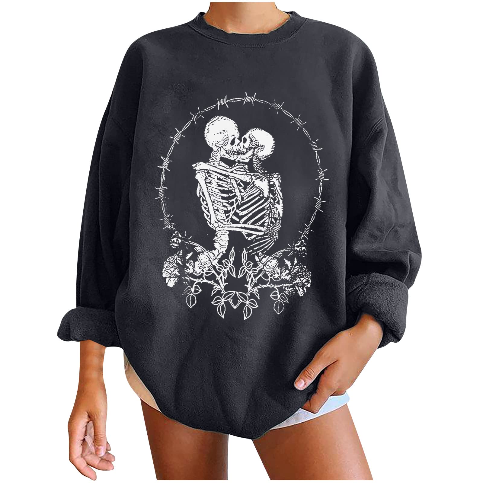 PIMOXV Women's Plus Size Gothic Skeleton Crewneck Sweatshirt - Funny Bathing Skeleton Print, Long Sleeve Casual Pullover T-Shirt | Perfect for Halloween, Gothic Fashion & Casual Streetwear