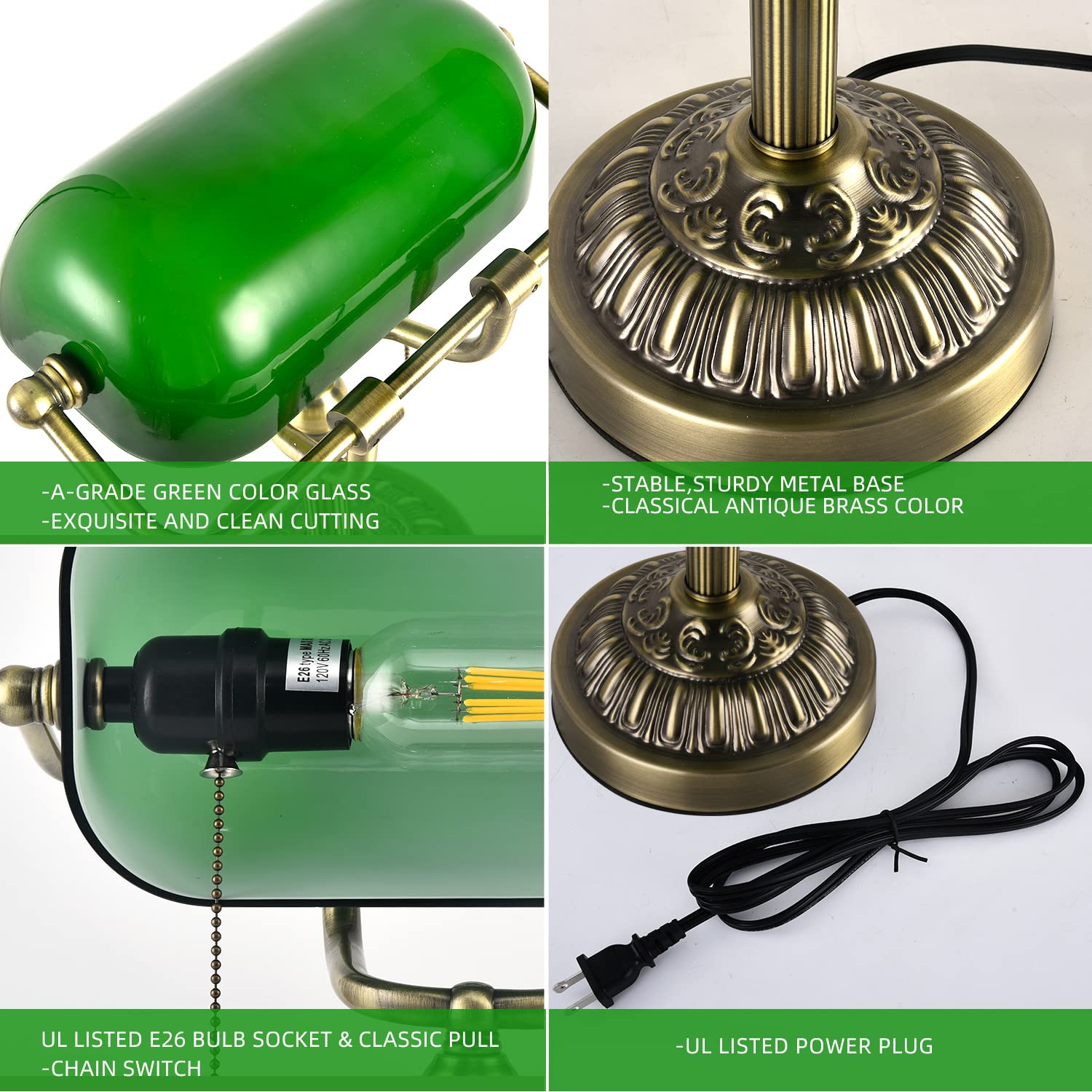Vintage Green Glass Bankers Desk Lamp with USB Charging Port - Mid Century Farmhouse Style Pull Chain Table Lamp for Home Office, Study & Library - Perfect for Reading, Working & Decorating