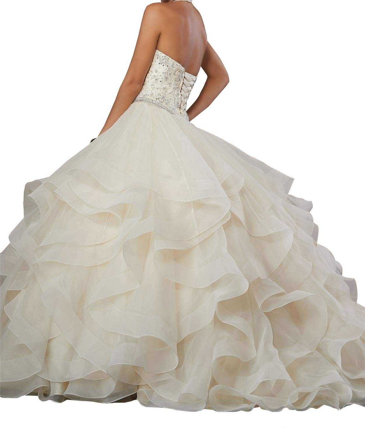 Emanni Women's Halter Beaded Quinceanera Dress - Sleeveless Ball Gown for Girls Size 16 in Lemon Yellow | Perfect for Sweet 16 Parties, Quinceaneras, Prom & Formal Events