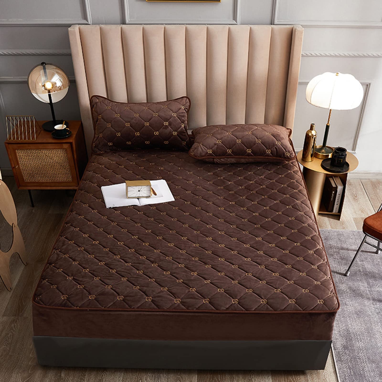 Premium Milk Velvet Quilted Mattress Protector with Embroidery - Deep Pocket Fitted Sheet & 2 Pillowcases - Warm Solid Brown Twin Size for Winter - Bedroom Comfort & Allergy Protection