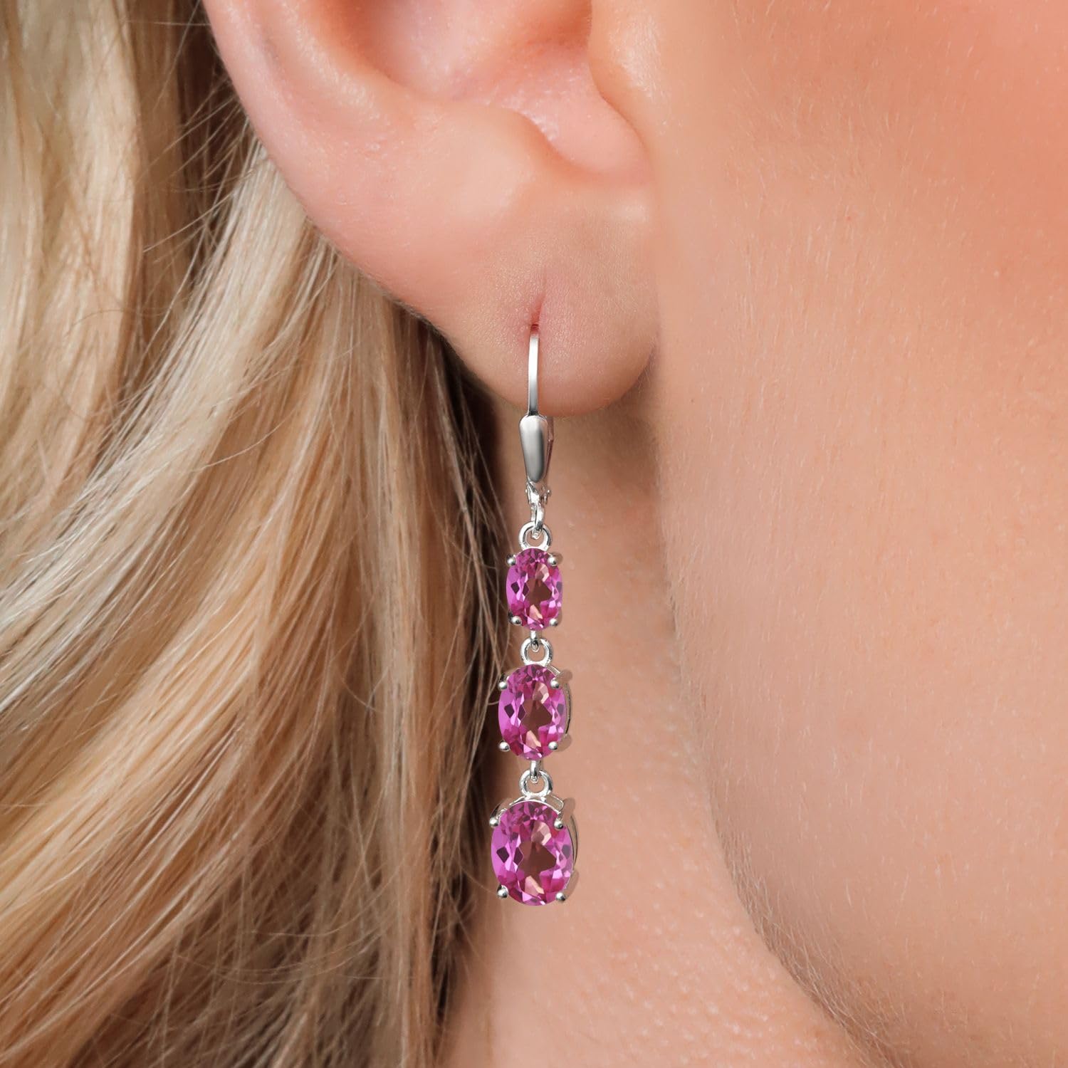 Gem Stone King 3-Stone Leverback Drop Dangle Earrings for Women - 925 Sterling Silver Birthstone Jewelry | Oval 8x6mm, 7x5mm & 6x4mm Gemstones | Elegant Gift for Mom, Wife, Her | Perfect for Weddings, Anniversaries & Special Occasions