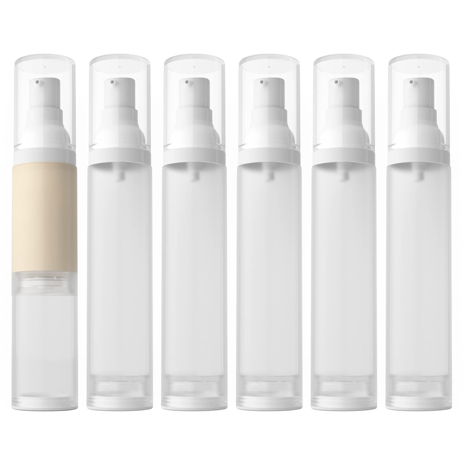 LONGWAY 1.7oz (50ml) Refillable Airless Pump Bottles - 6 Pack Frosted Translucent Travel Cosmetic Containers for Cream, Foundation, Shampoo | Perfect for Toiletry Kits, Gym Bags & Travel Essentials